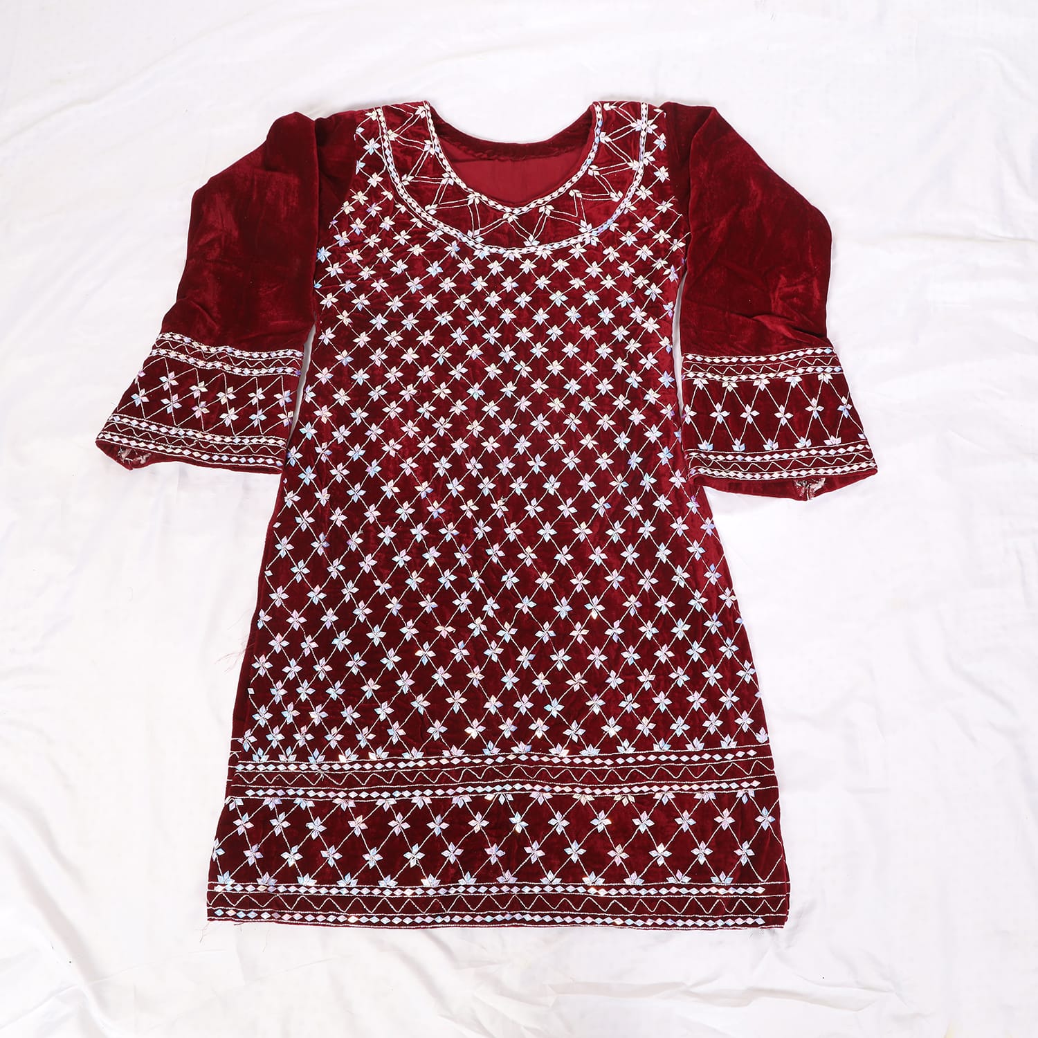 Maroon Velvet Embroidered Kurti – Geometric Mirror Work