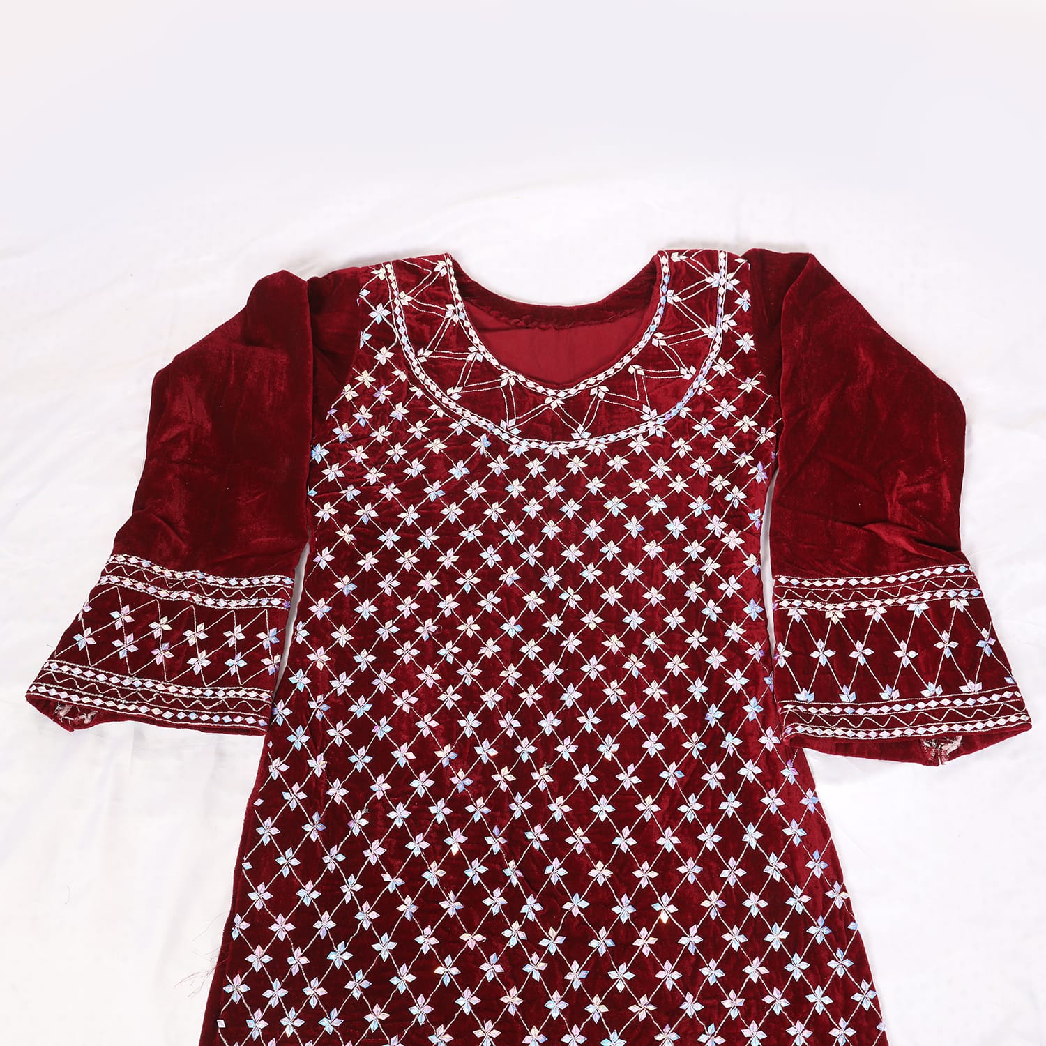 Maroon Velvet Embroidered Kurti – Geometric Mirror Work