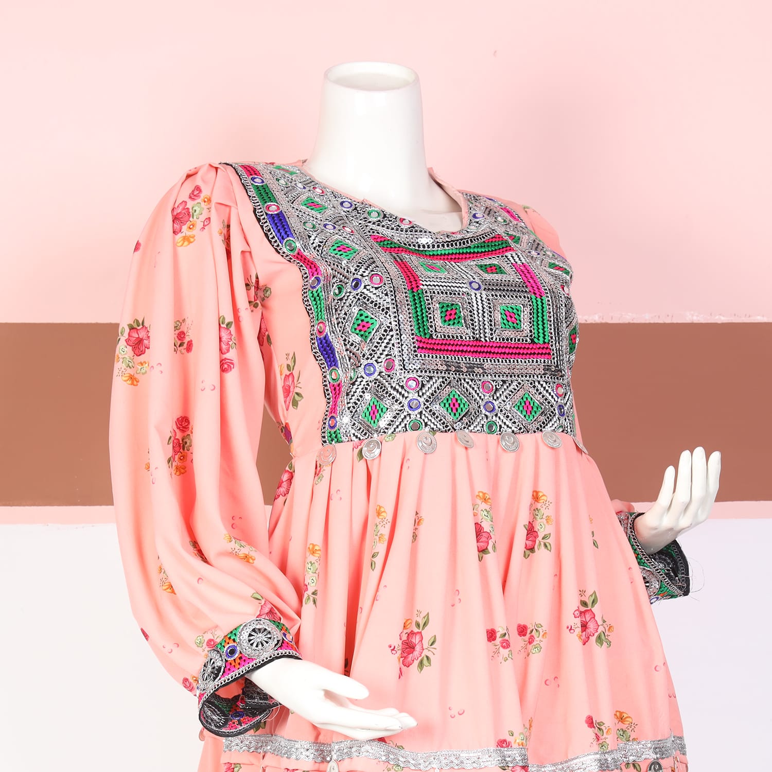 Peach Floral Balochi Frock – Embroidered Ethnic Dress