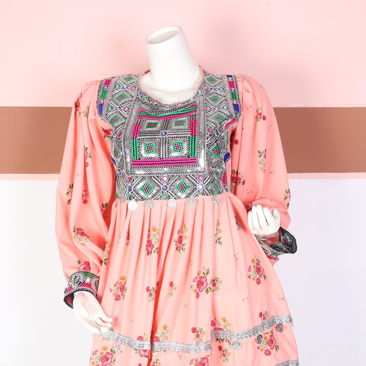 Peach Floral Balochi Frock – Embroidered Ethnic Dress