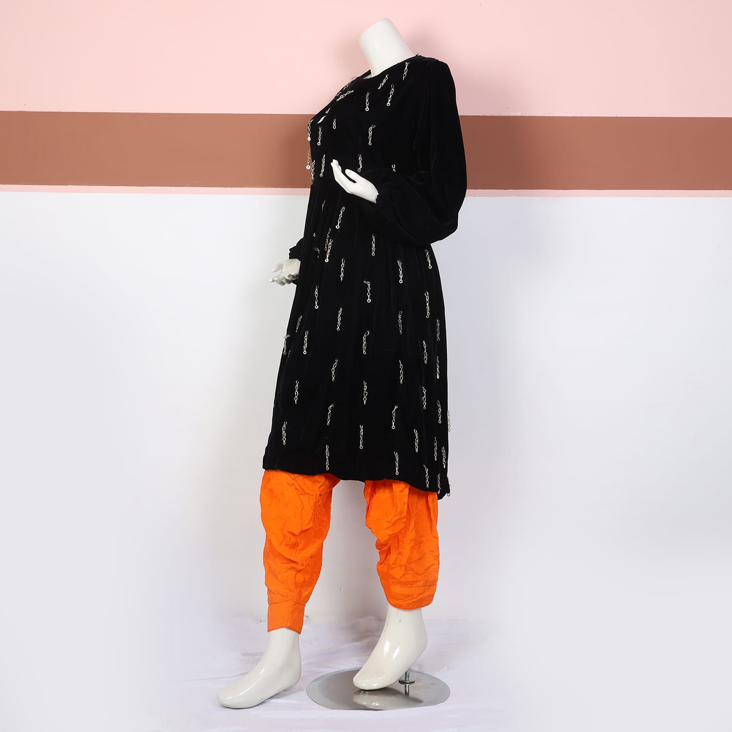 Black Velvet Kurti with Orange Shalwar