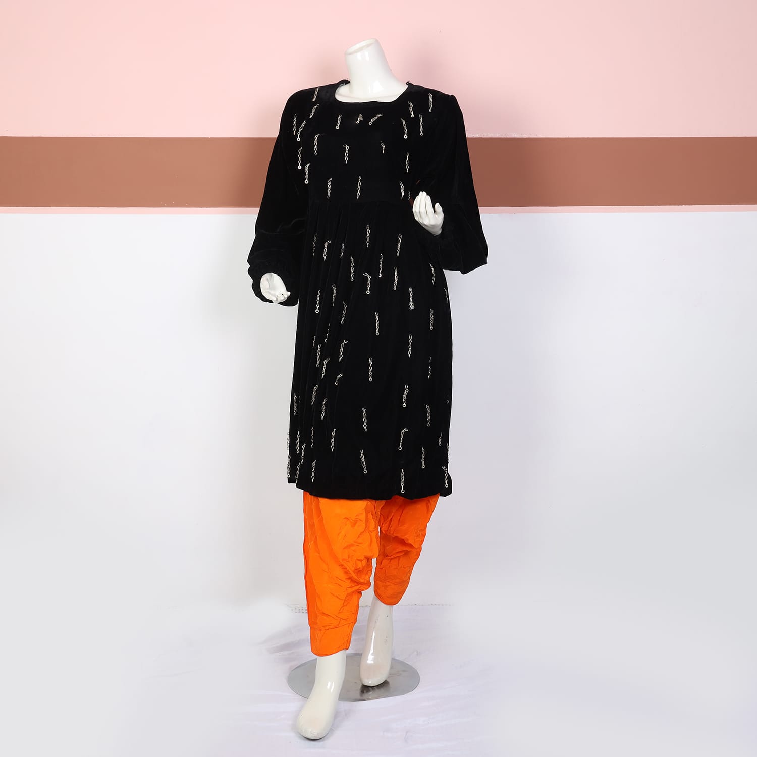 Black Velvet Kurti with Orange Shalwar