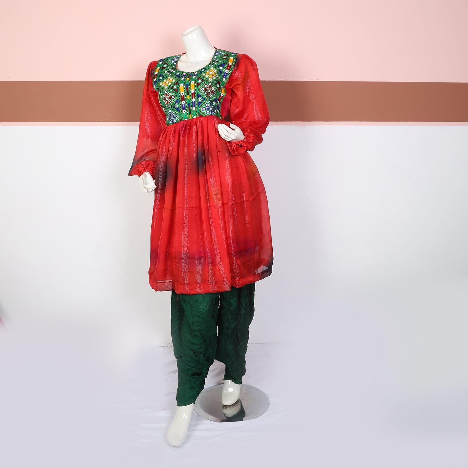 Red Sheer Embroidered Ethnic Dress with Green Trousers