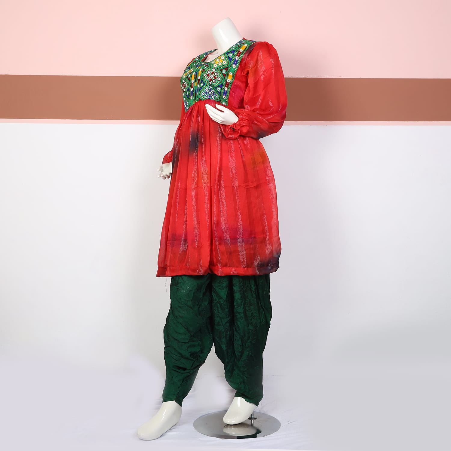 Red Sheer Embroidered Ethnic Dress with Green Trousers