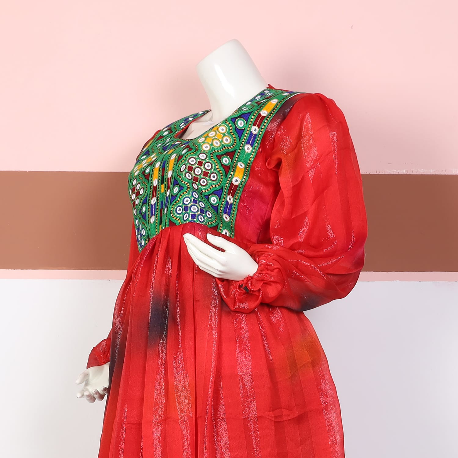 Red Sheer Embroidered Ethnic Dress with Green Trousers