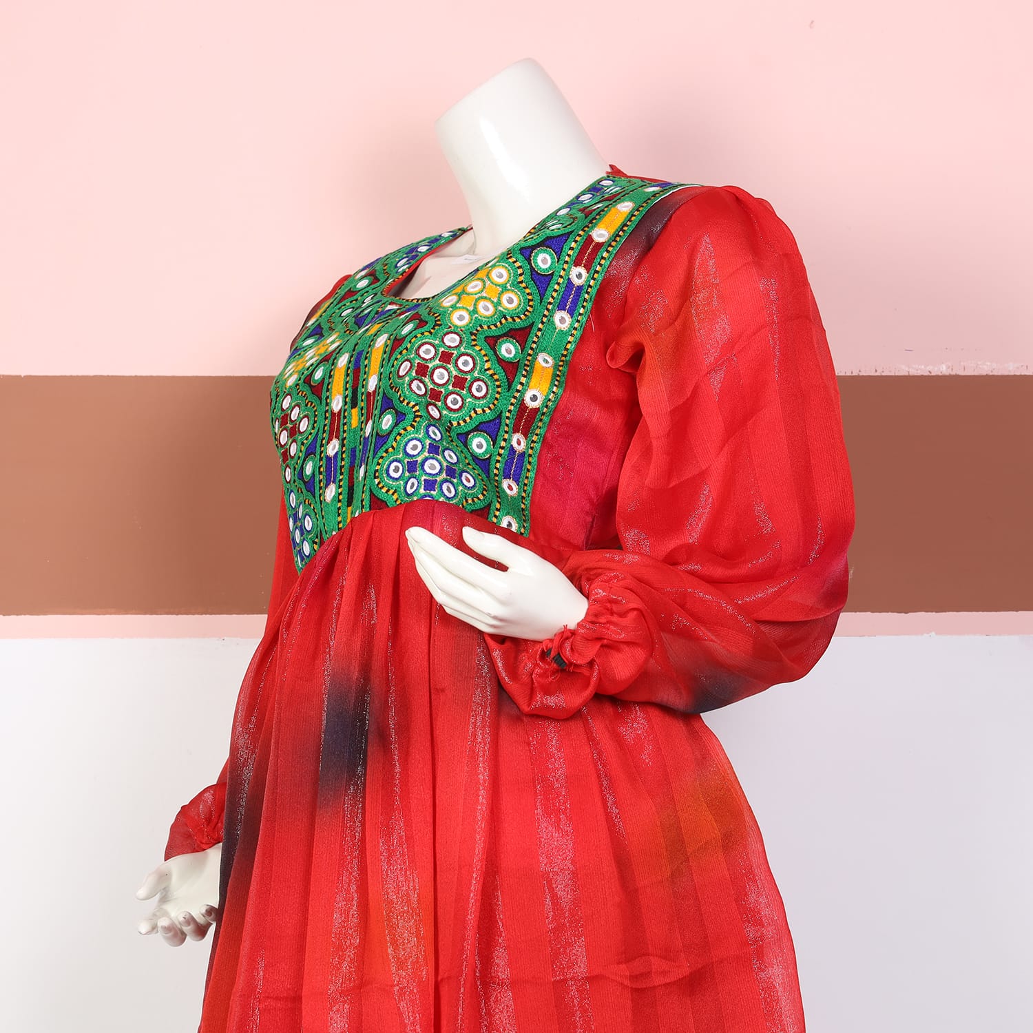 Red Sheer Embroidered Ethnic Dress with Green Trousers
