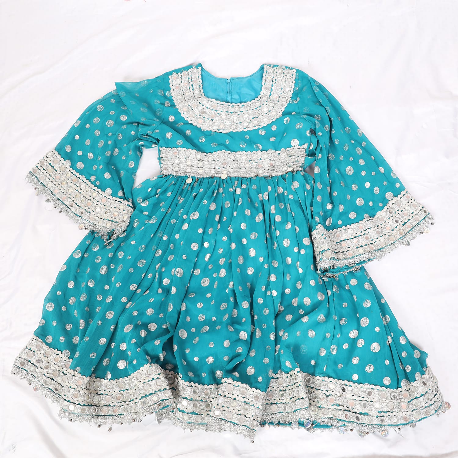 Turquoise Polka Mirror Work Traditional Frock
