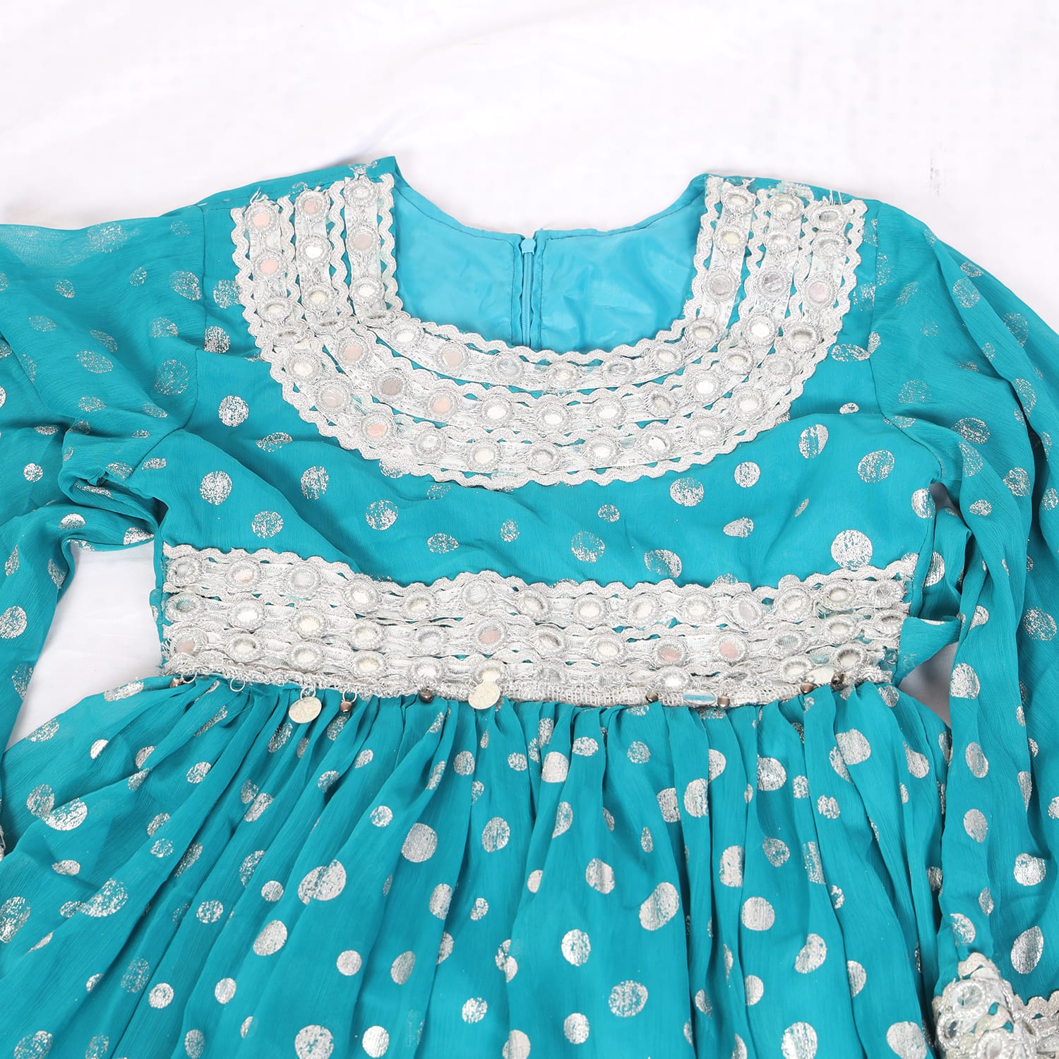 Turquoise Polka Mirror Work Traditional Frock