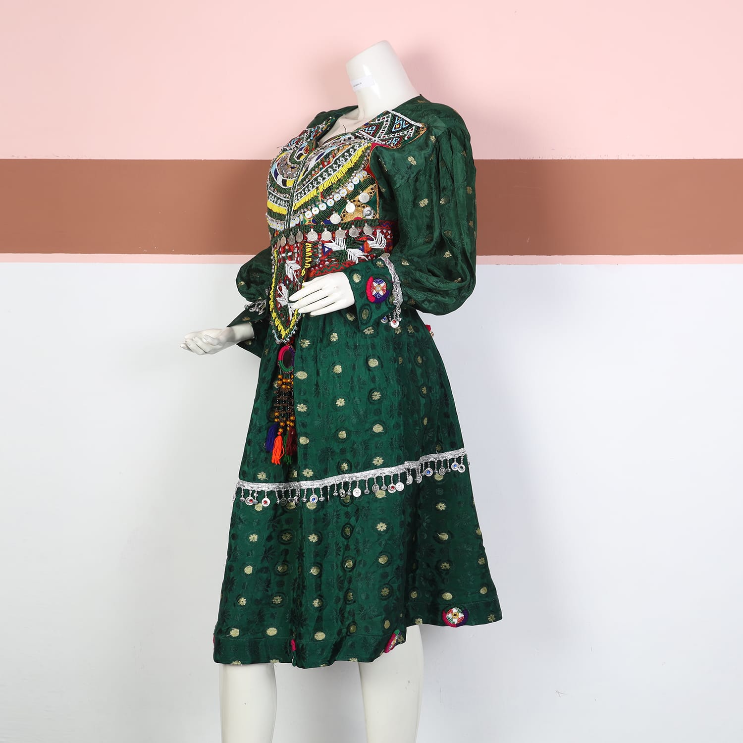 Tribal Heritage Embroidered Green Dress with Tassels
