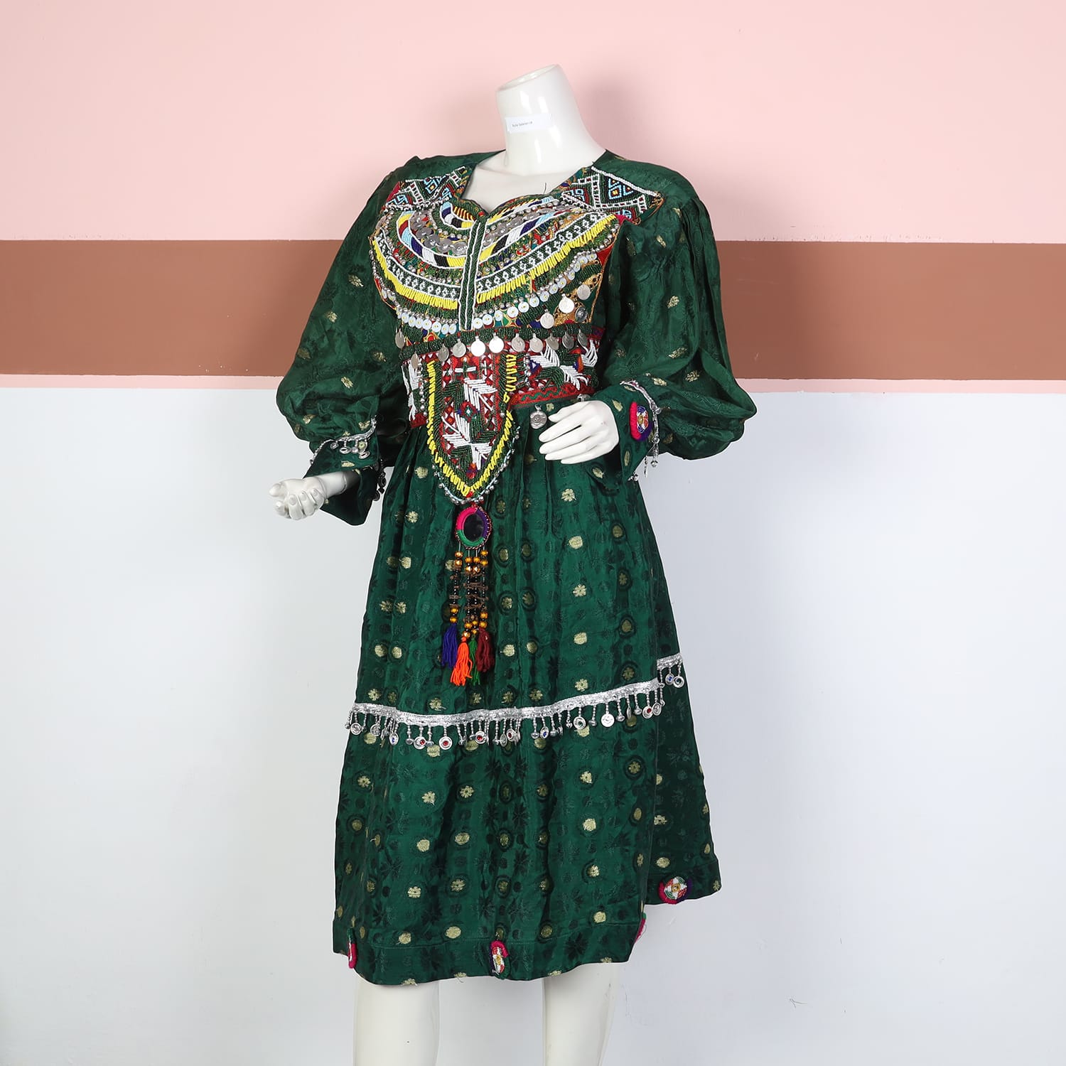 Tribal Heritage Embroidered Green Dress with Tassels