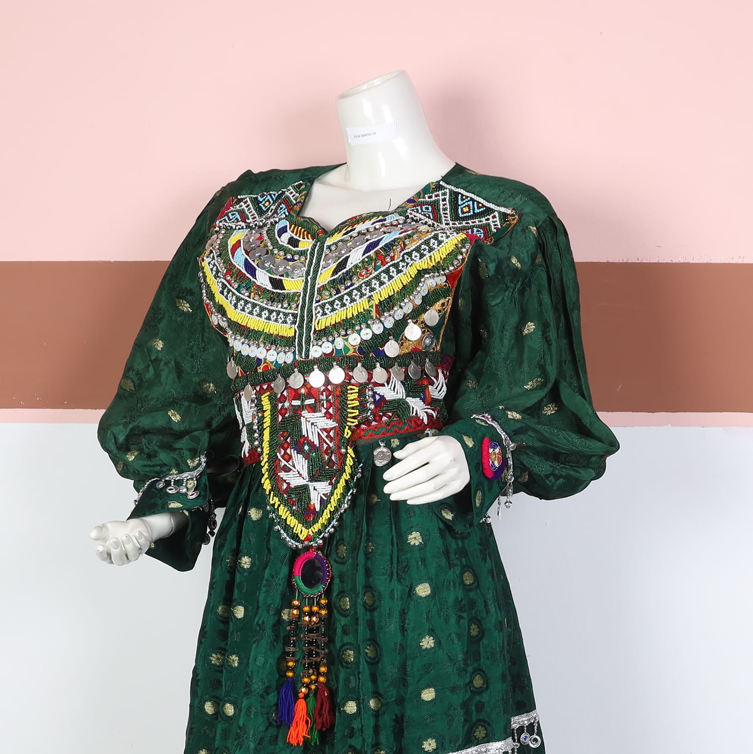 Tribal Heritage Embroidered Green Dress with Tassels