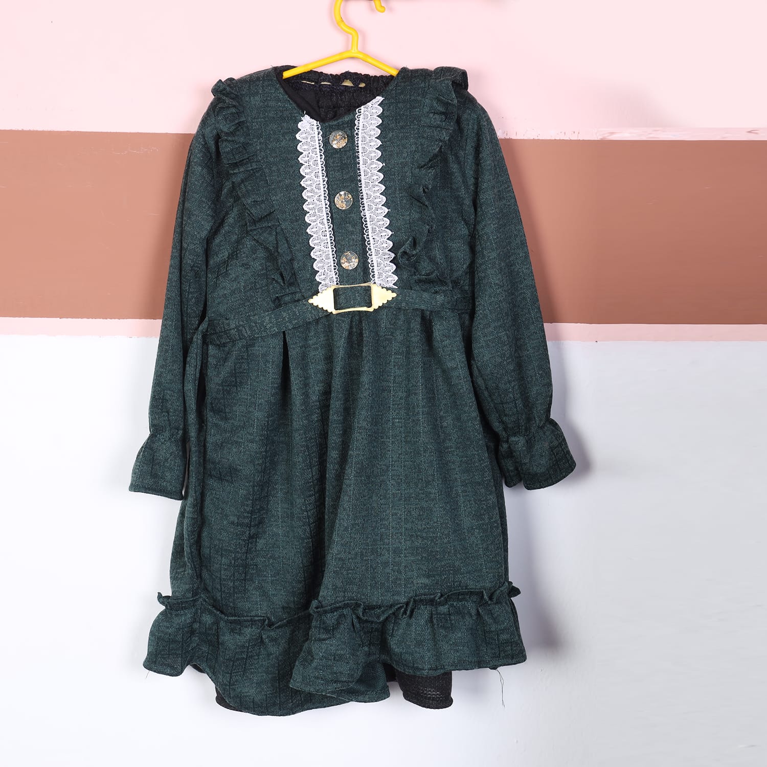 Vintage-Inspired Girls’ Ruffle Belted Dress – Forest Green