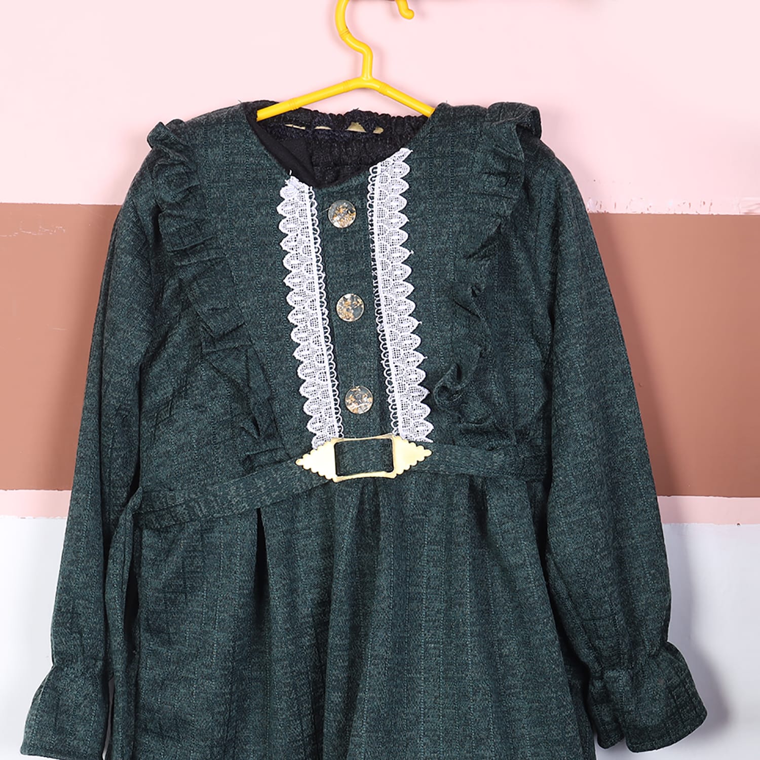 Vintage-Inspired Girls’ Ruffle Belted Dress – Forest Green