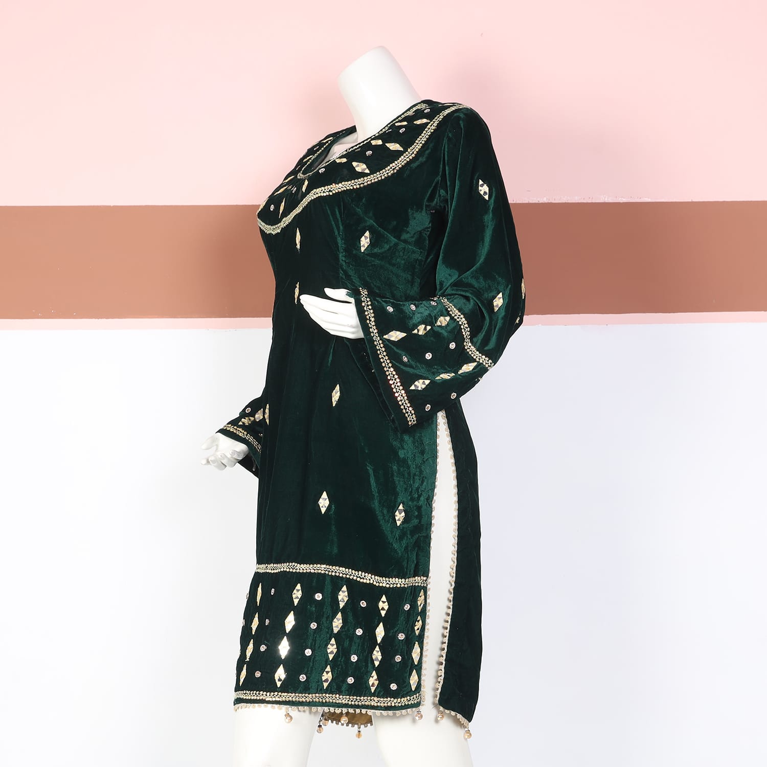 Emerald Green Velvet Traditional Dress with Mirror Embroidery