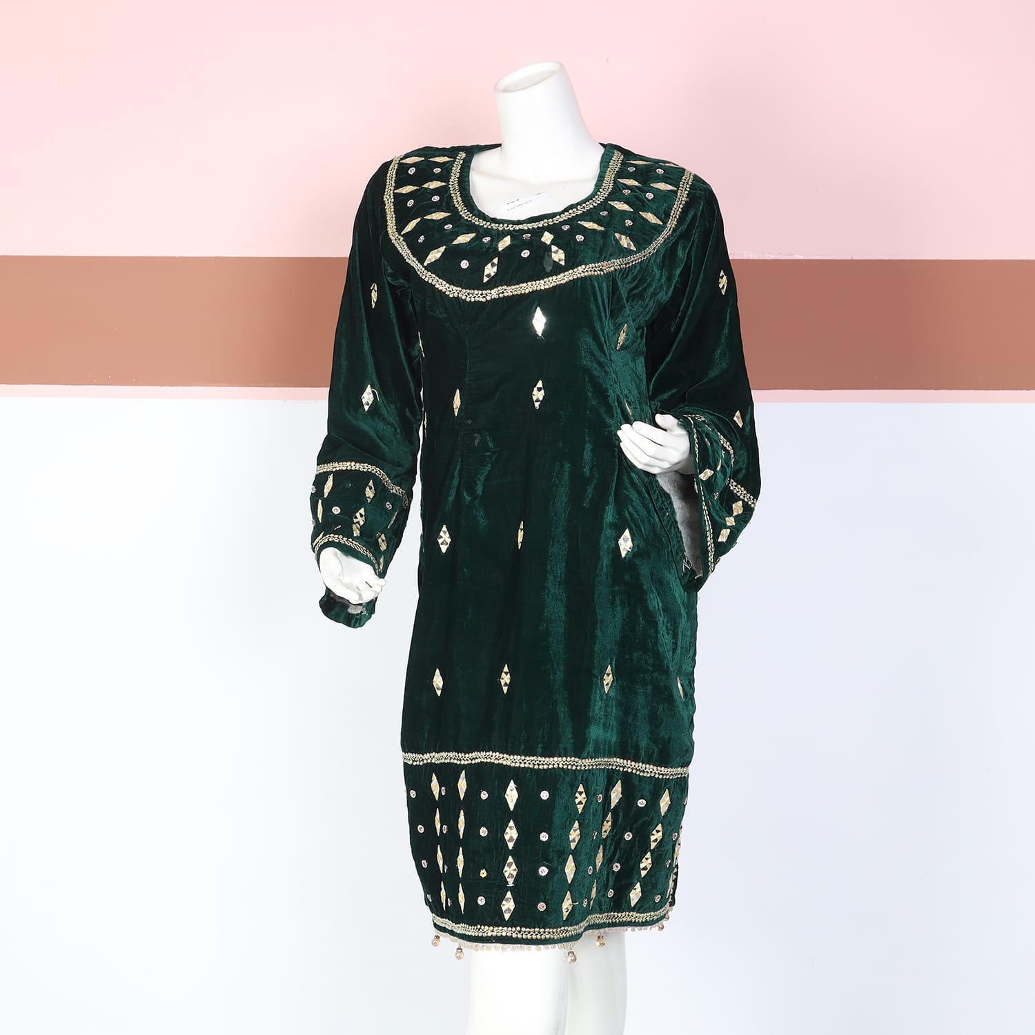 Emerald Green Velvet Traditional Dress with Mirror Embroidery