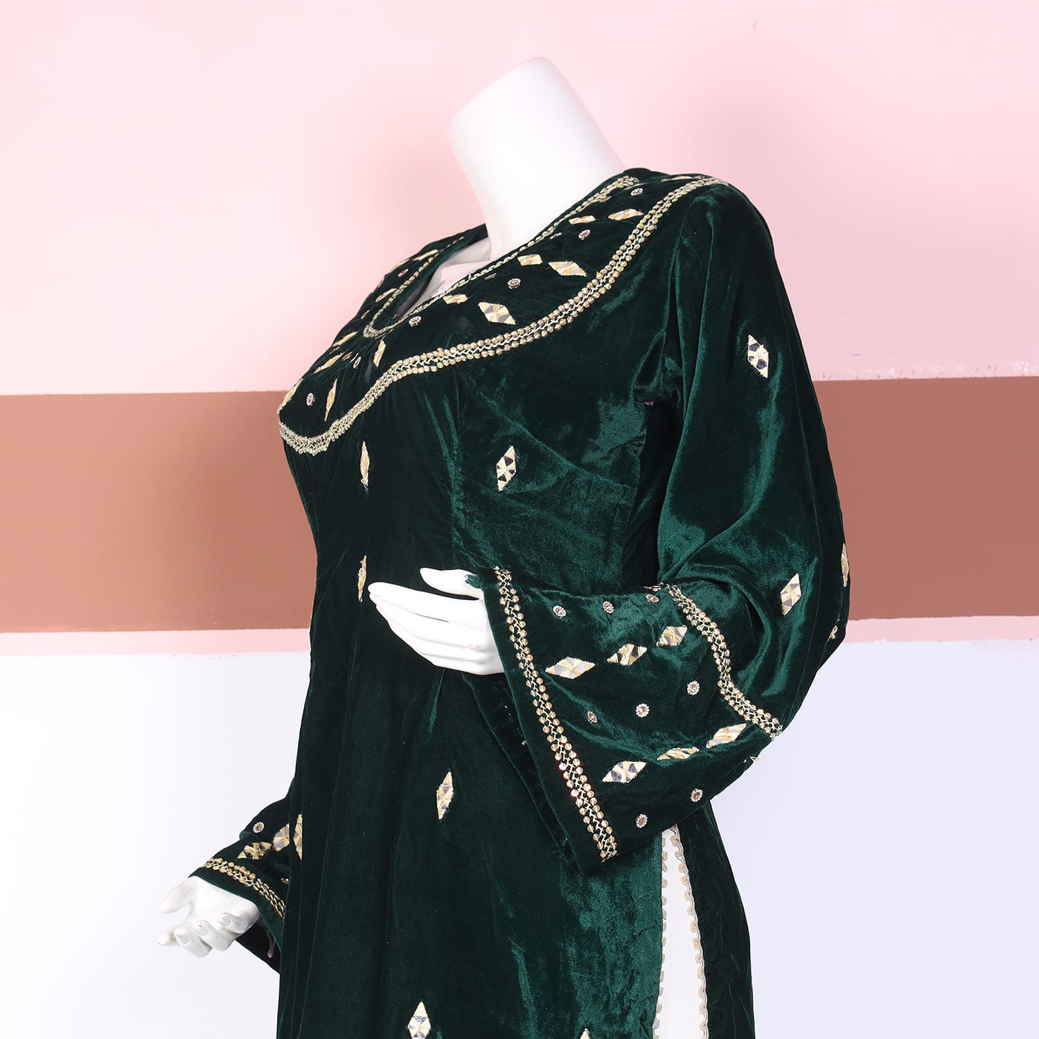 Emerald Green Velvet Traditional Dress with Mirror Embroidery