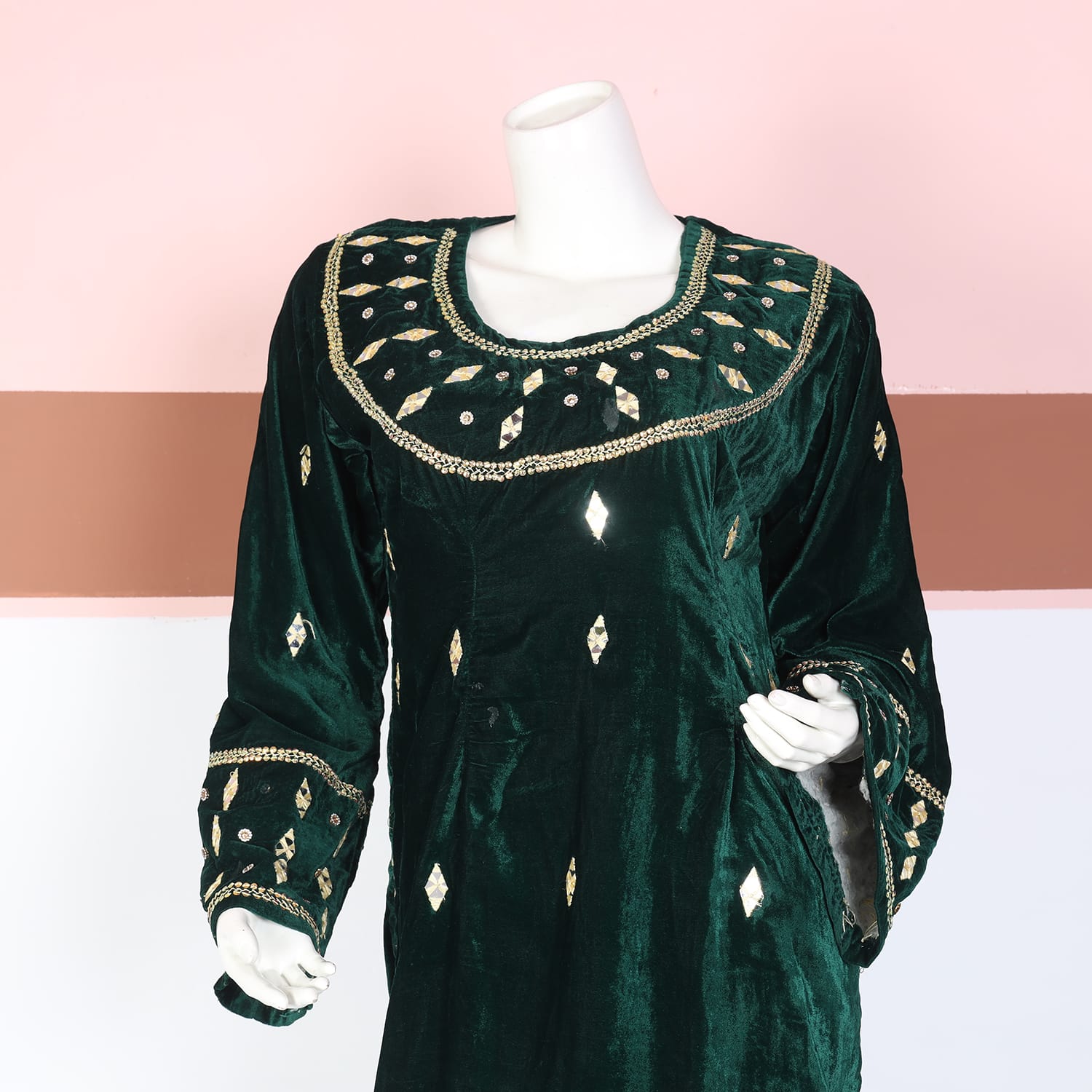 Emerald Green Velvet Traditional Dress with Mirror Embroidery