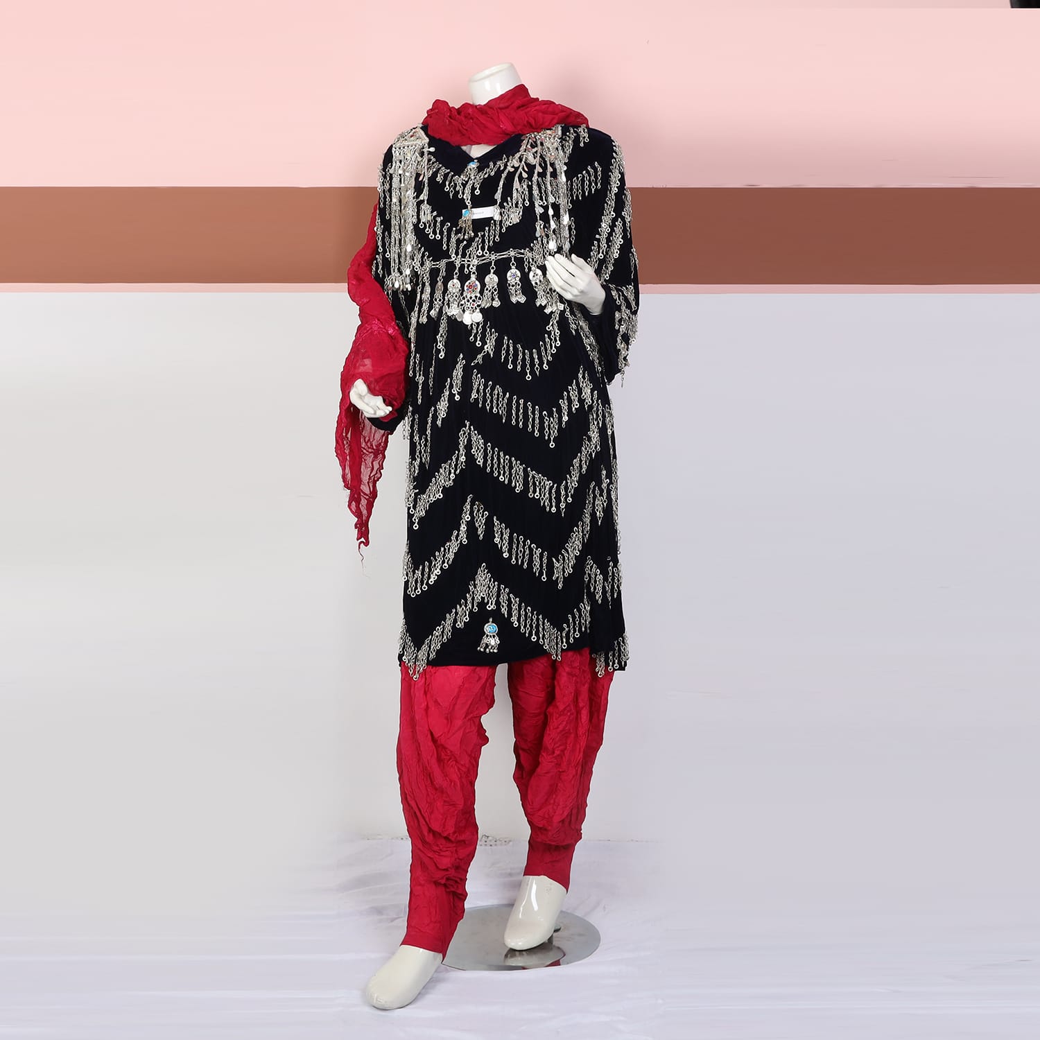 Black Traditional Dress with Silver Coins & Red Shalwar Dupatta Set