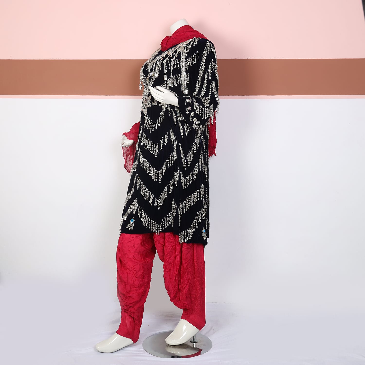 Black Traditional Dress with Silver Coins & Red Shalwar Dupatta Set