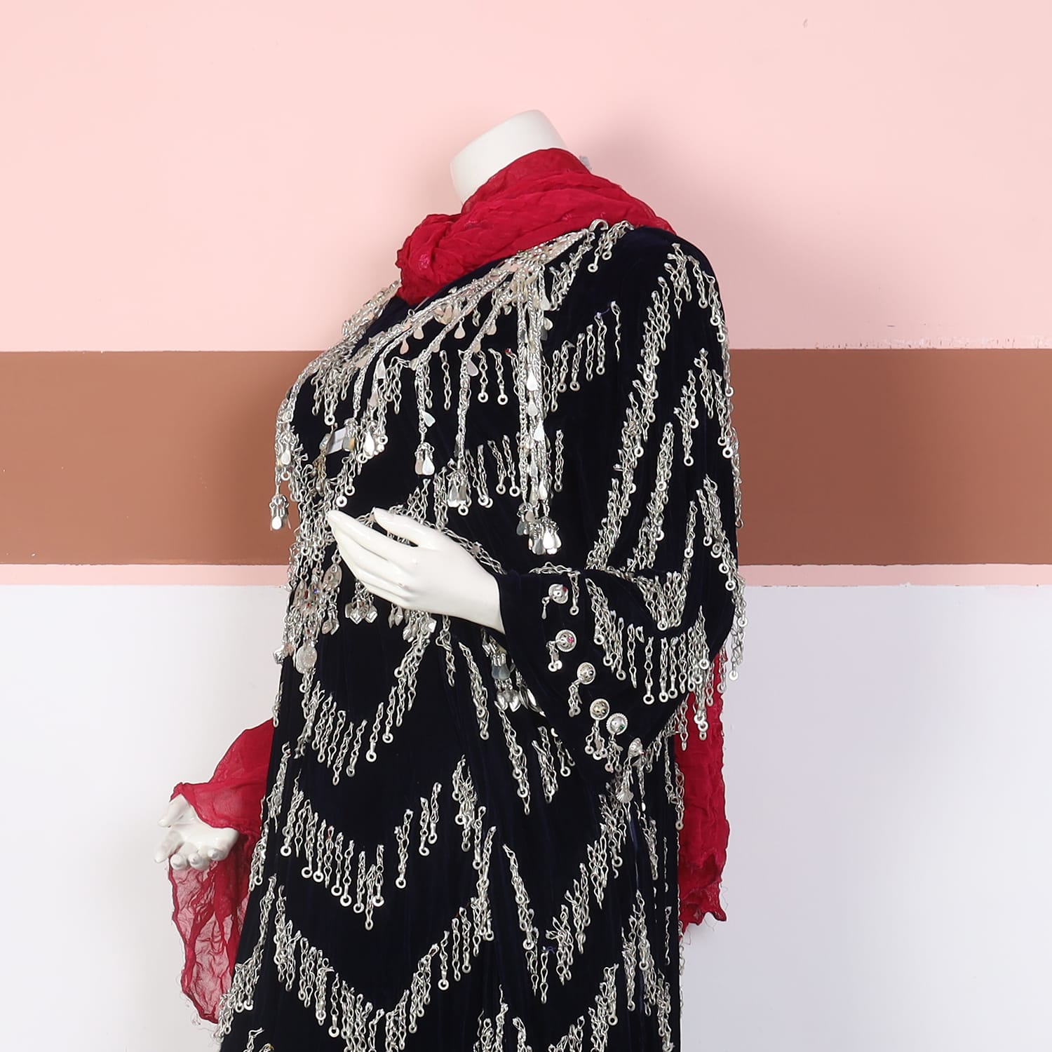 Black Traditional Dress with Silver Coins & Red Shalwar Dupatta Set