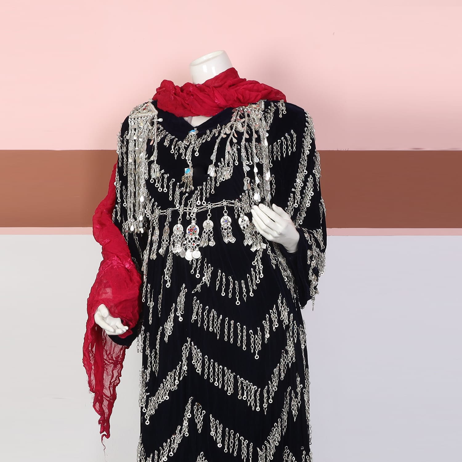 Black Traditional Dress with Silver Coins & Red Shalwar Dupatta Set