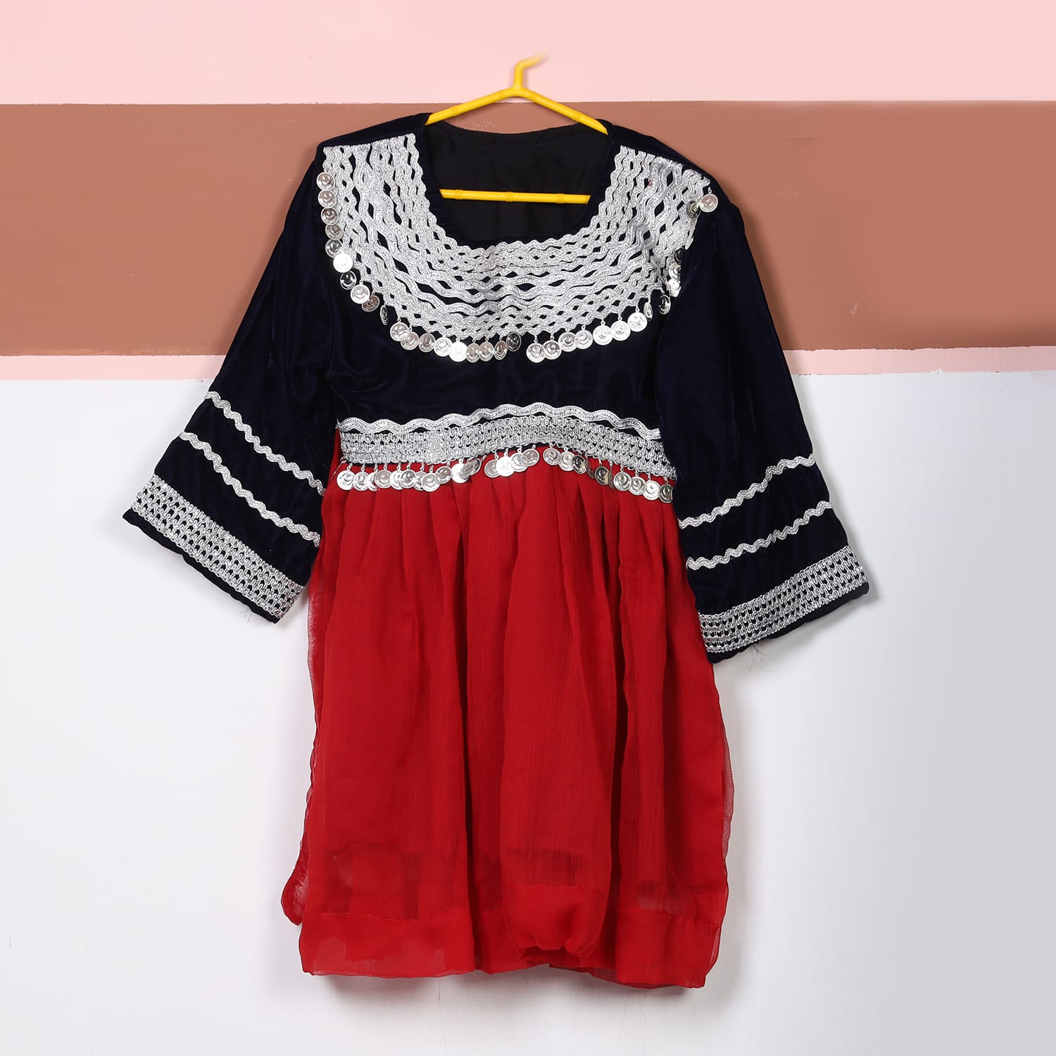 Kids’ Black & Red Traditional Dress with Silver Coins
