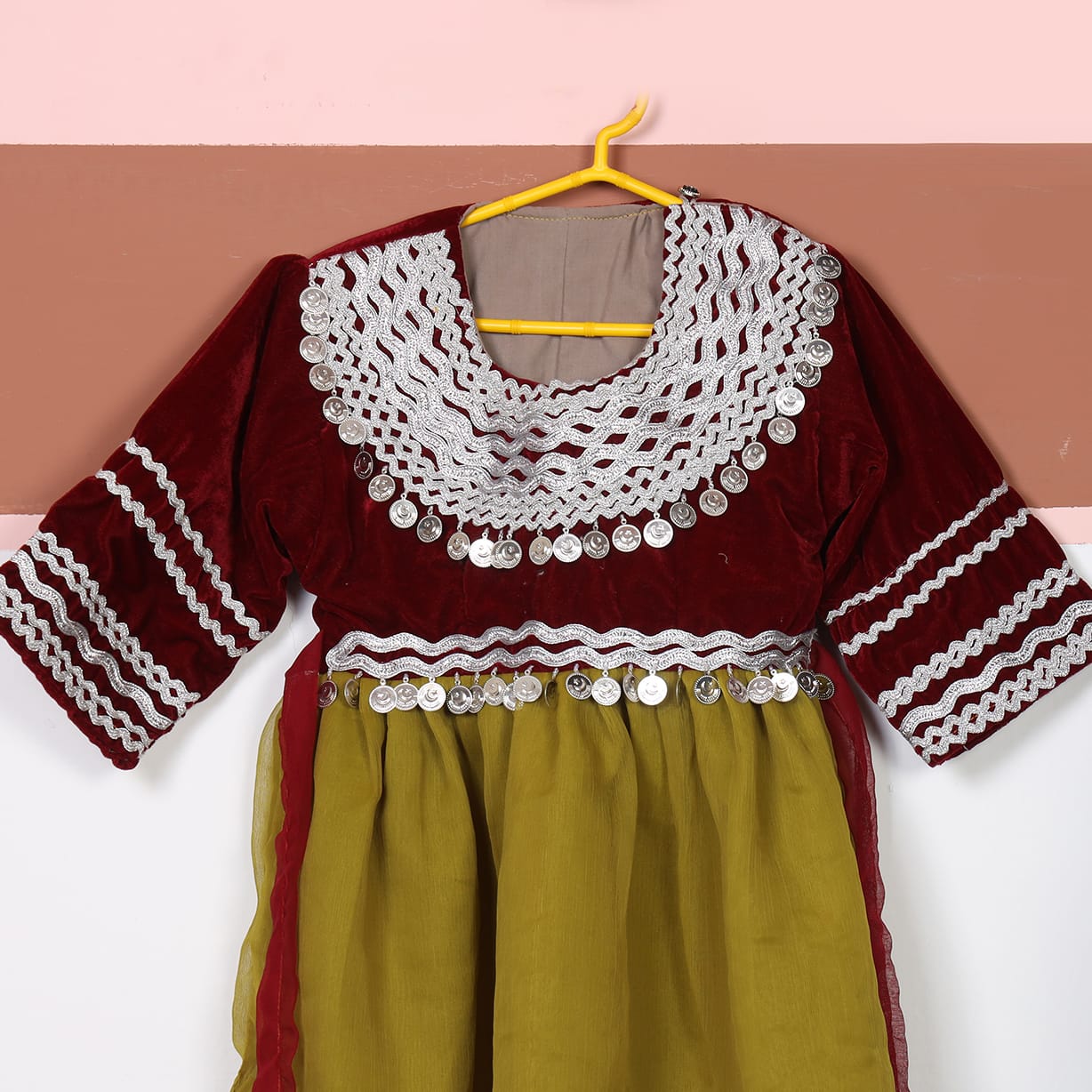 Kids’ Maroon & Olive Traditional Dress with Silver Coin Work