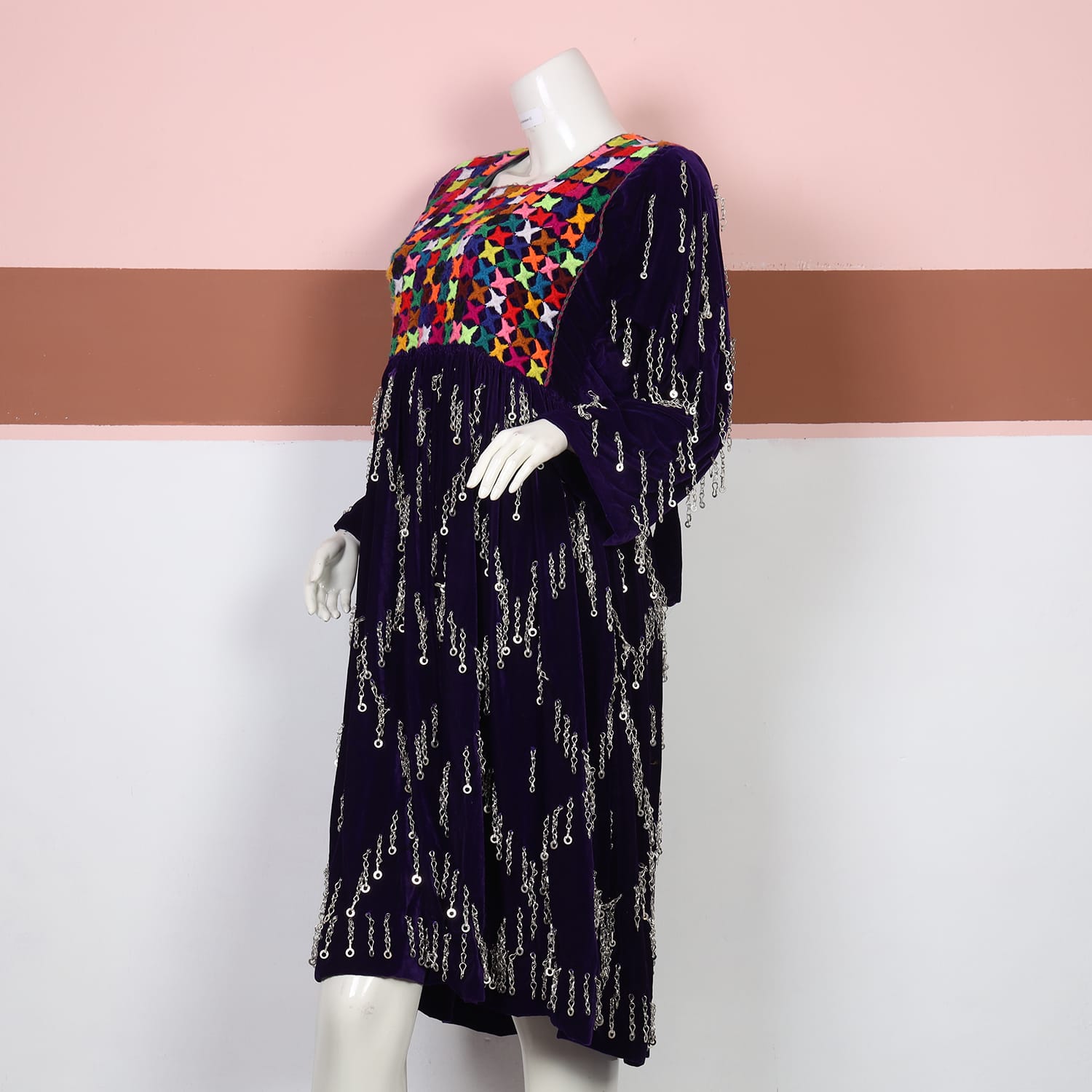Purple Velvet Traditional Dress with Multicolor Embroidery & Coin Work