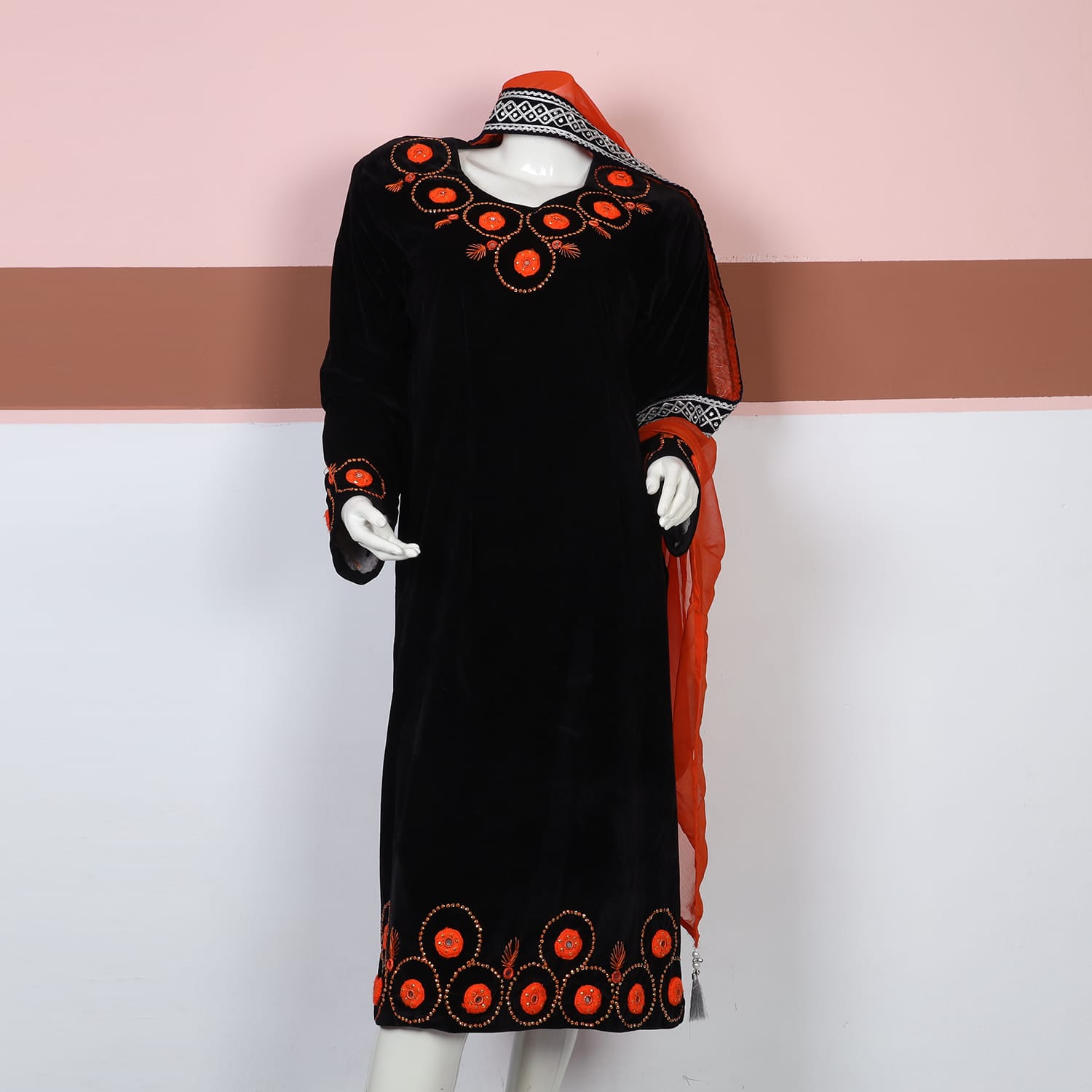 Traditional Black Velvet Afghan Dress with Orange Embroidery