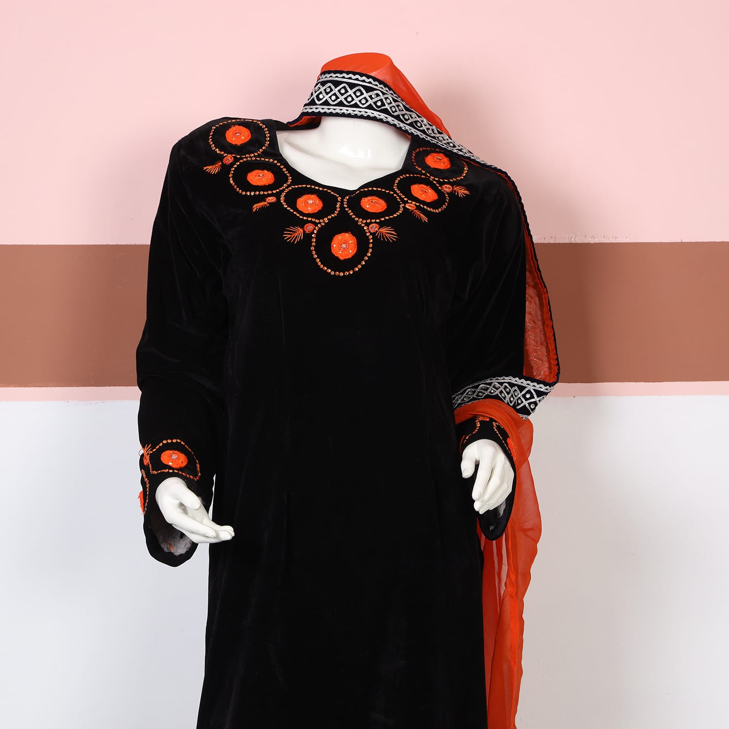 Traditional Black Velvet Afghan Dress with Orange Embroidery