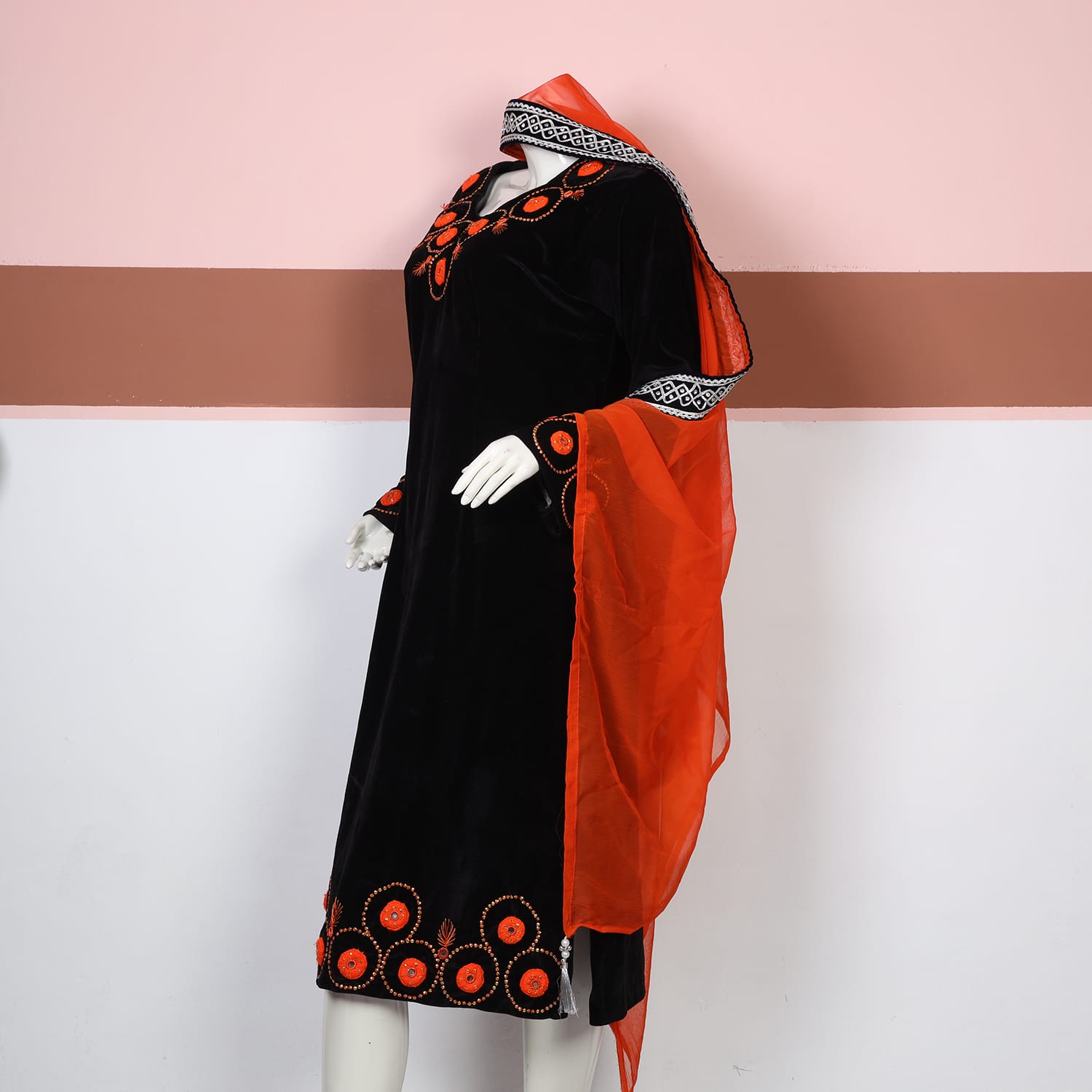 Traditional Black Velvet Afghan Dress with Orange Embroidery