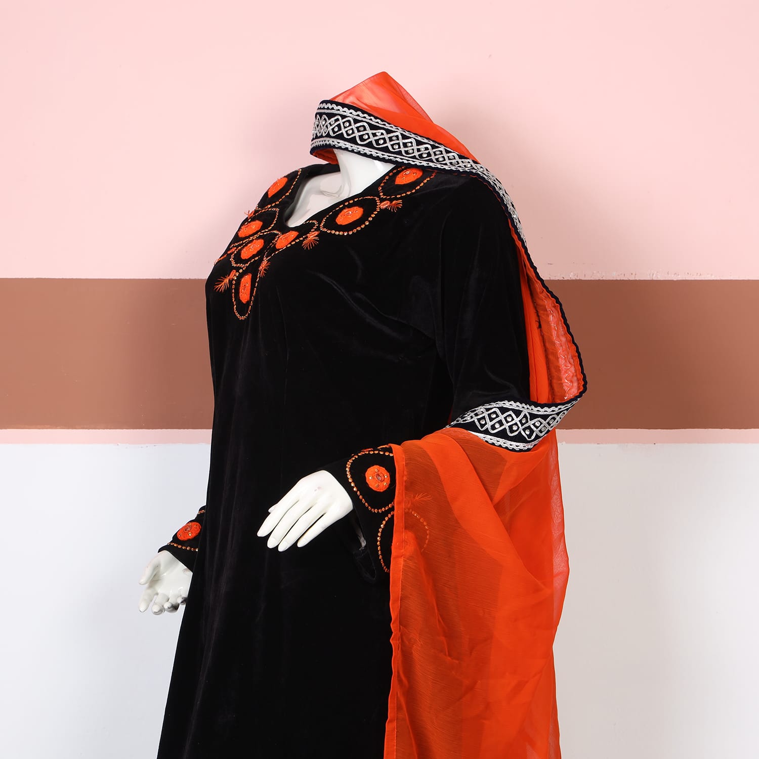 Traditional Black Velvet Afghan Dress with Orange Embroidery