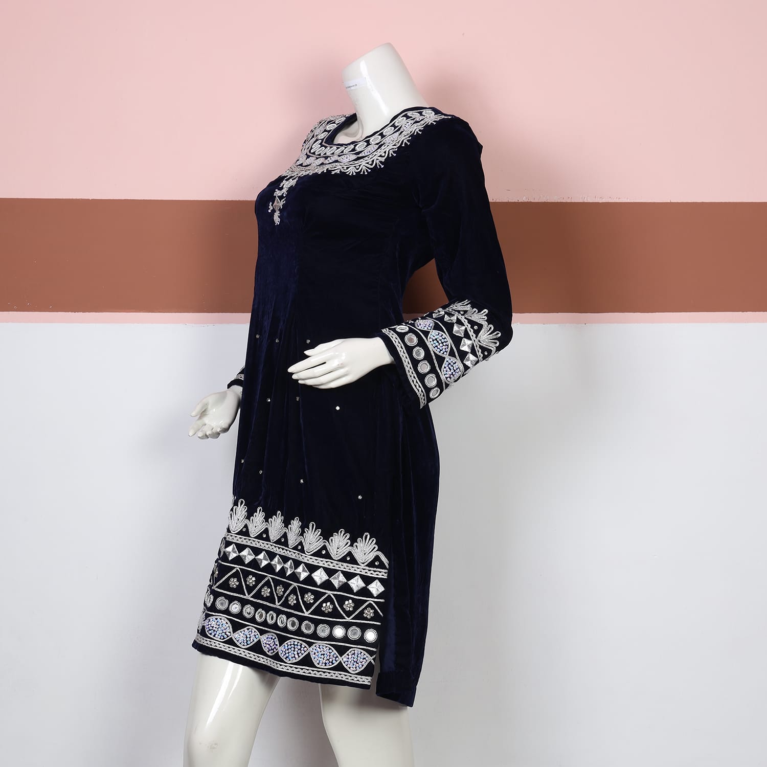 Navy Blue Velvet Afghan Dress with Silver Embroidery