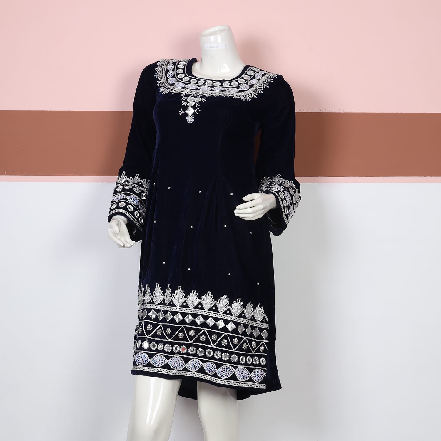 Navy Blue Velvet Afghan Dress with Silver Embroidery