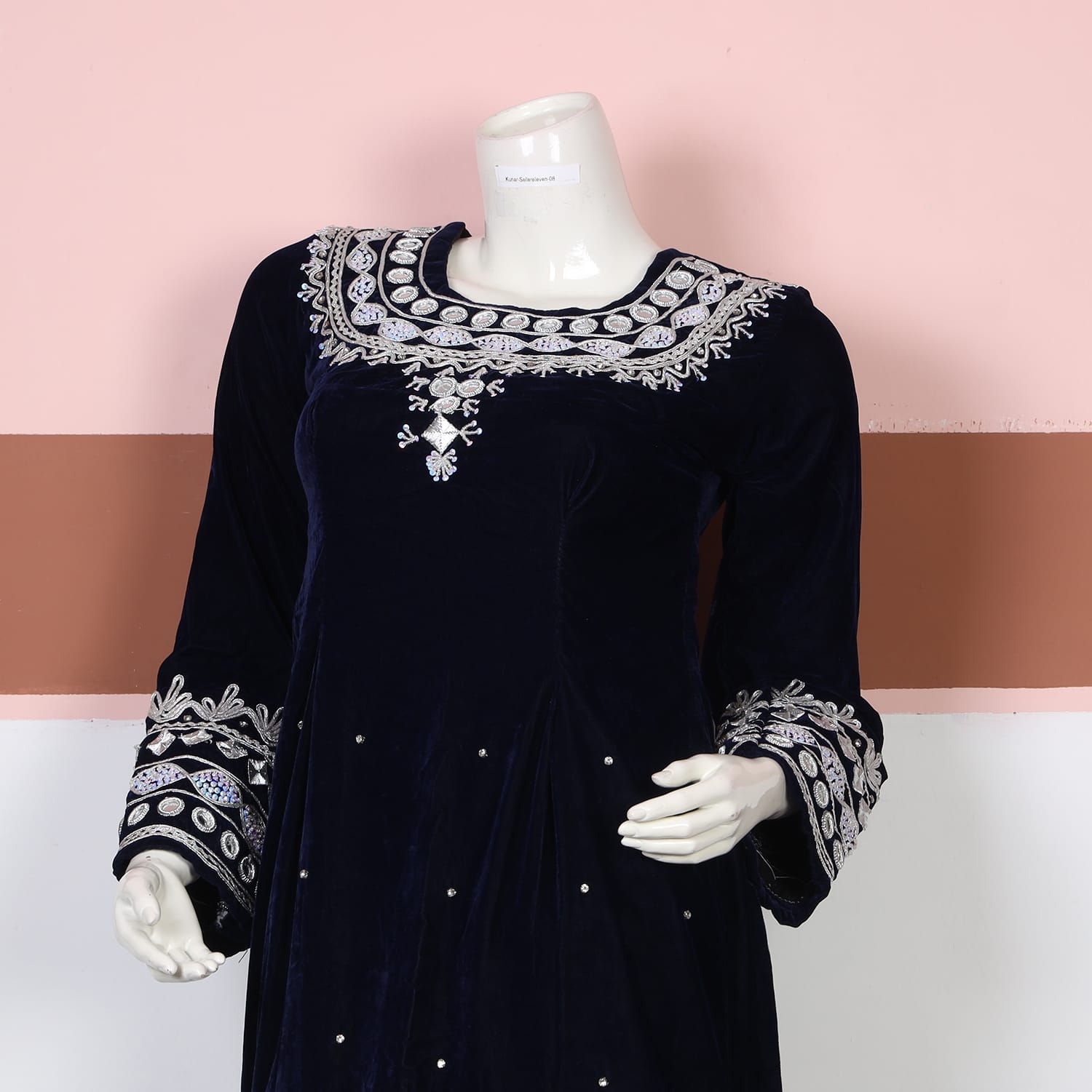 Navy Blue Velvet Afghan Dress with Silver Embroidery