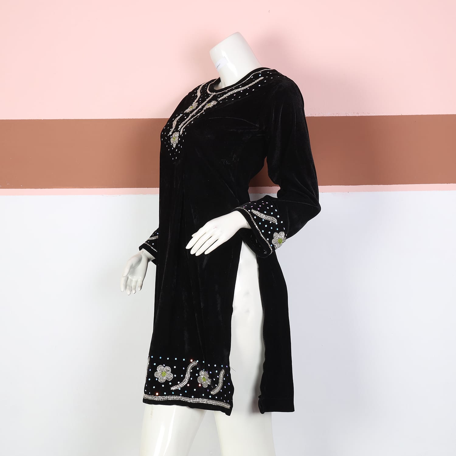 Black Velvet Afghan Dress with Crystal and Floral Embellishments