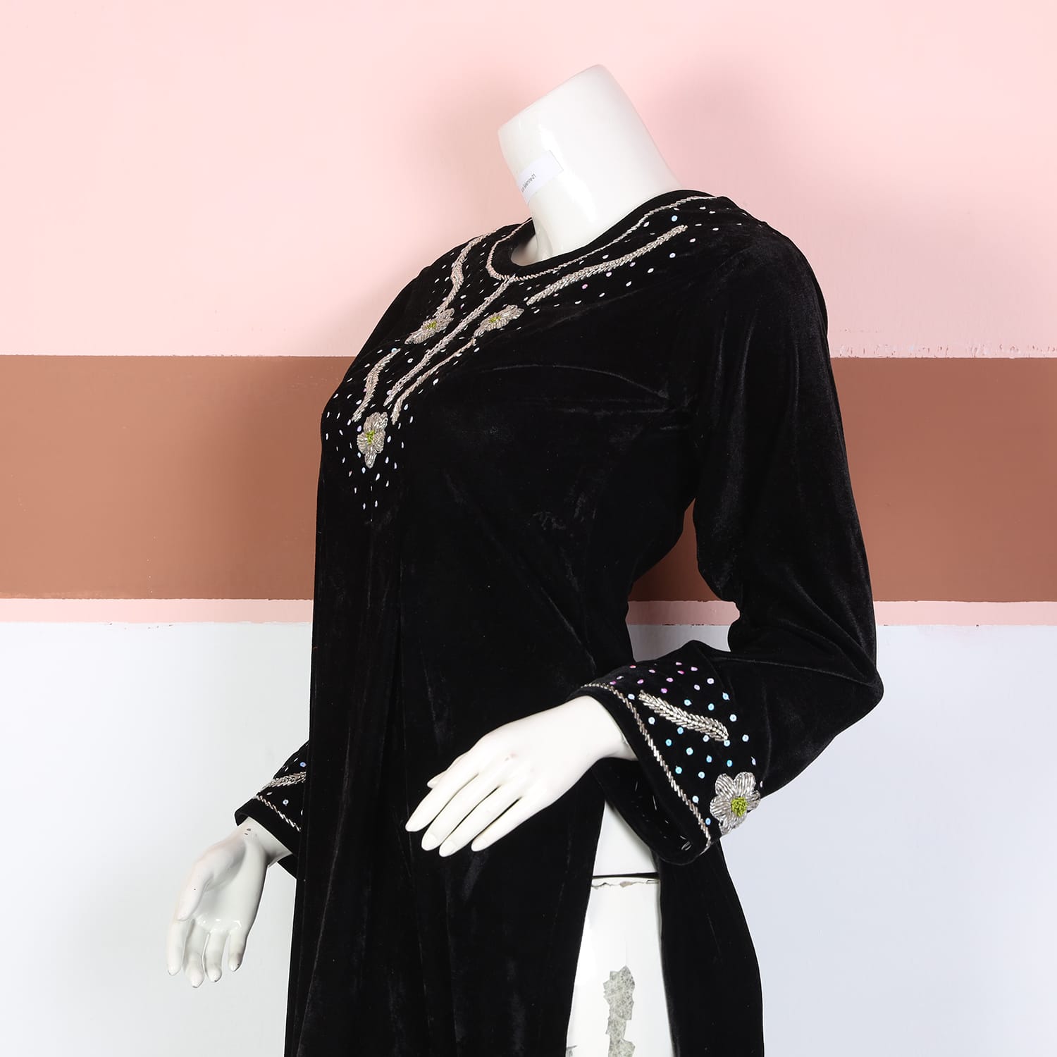 Black Velvet Afghan Dress with Crystal and Floral Embellishments