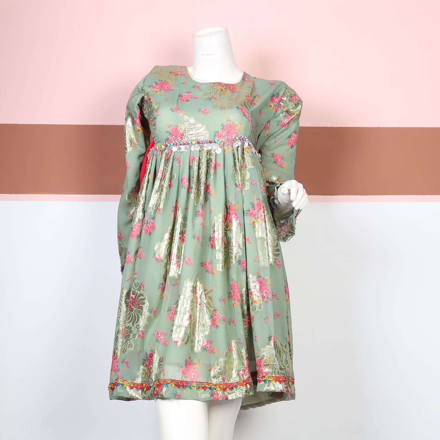 Pastel Green Floral Afghan Dress