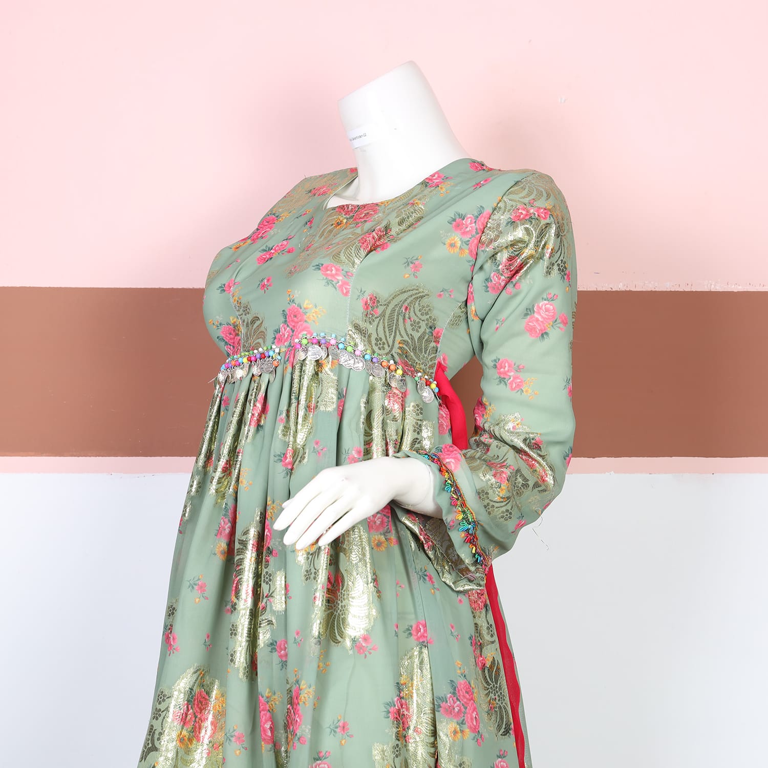 Pastel Green Floral Afghan Dress