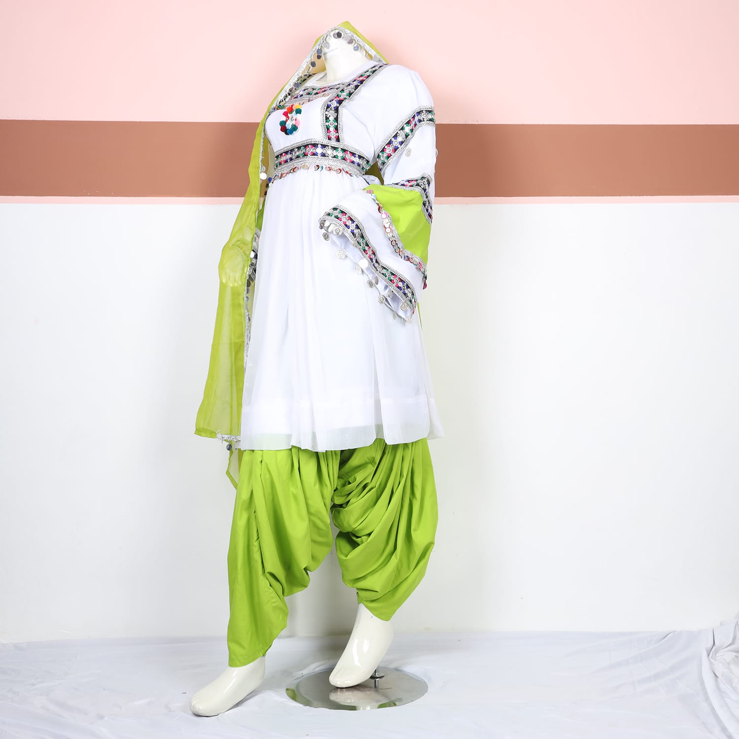 Zarina White & Lime Green Traditional Dress