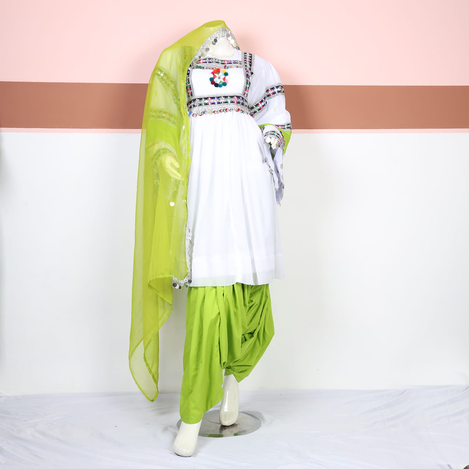 Zarina White & Lime Green Traditional Dress