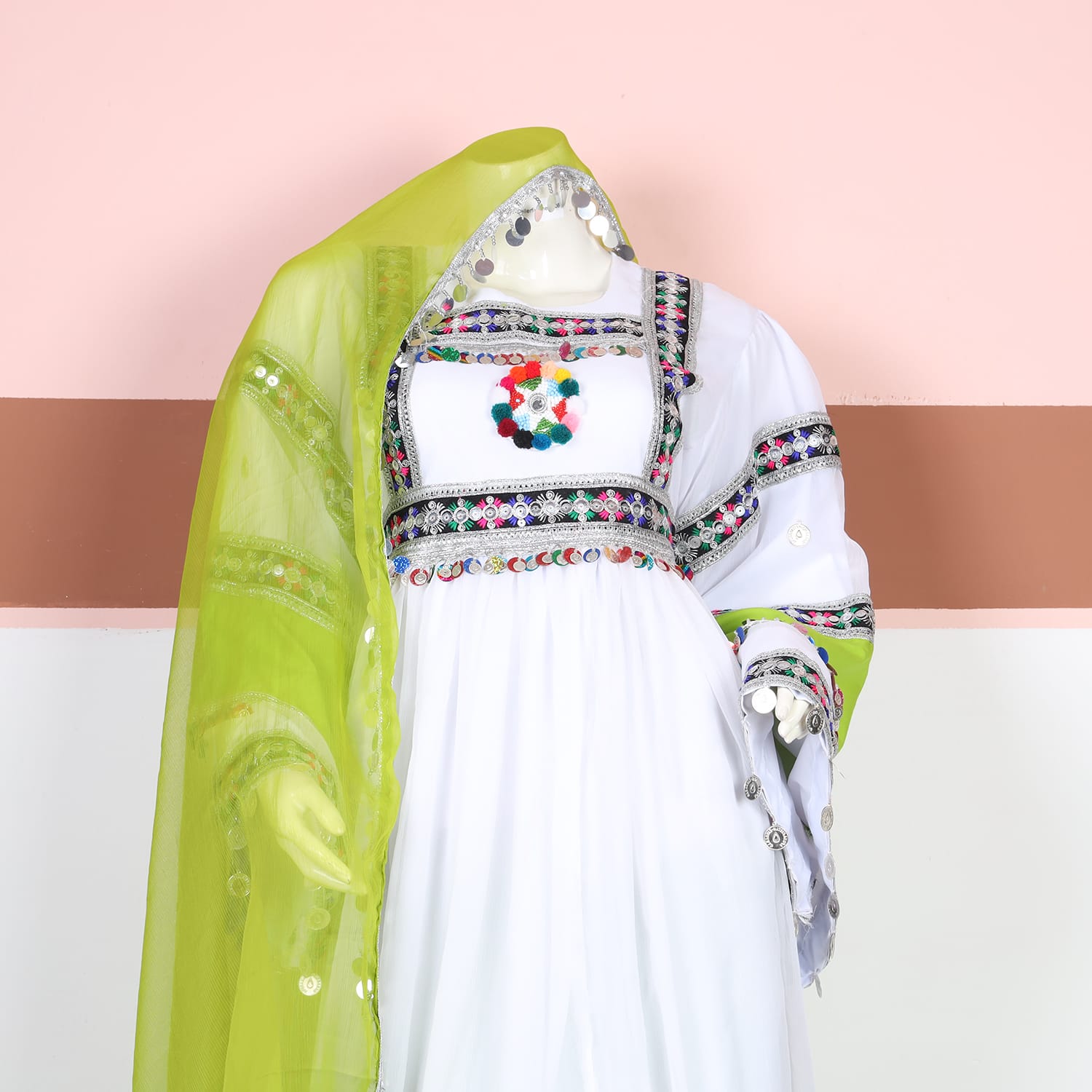 Zarina White & Lime Green Traditional Dress