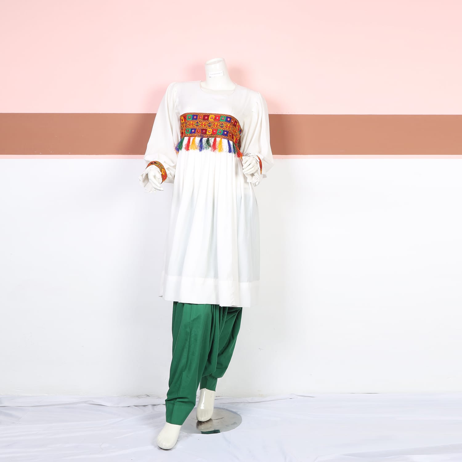Zarmina White & Green Traditional Embroidered Dress
