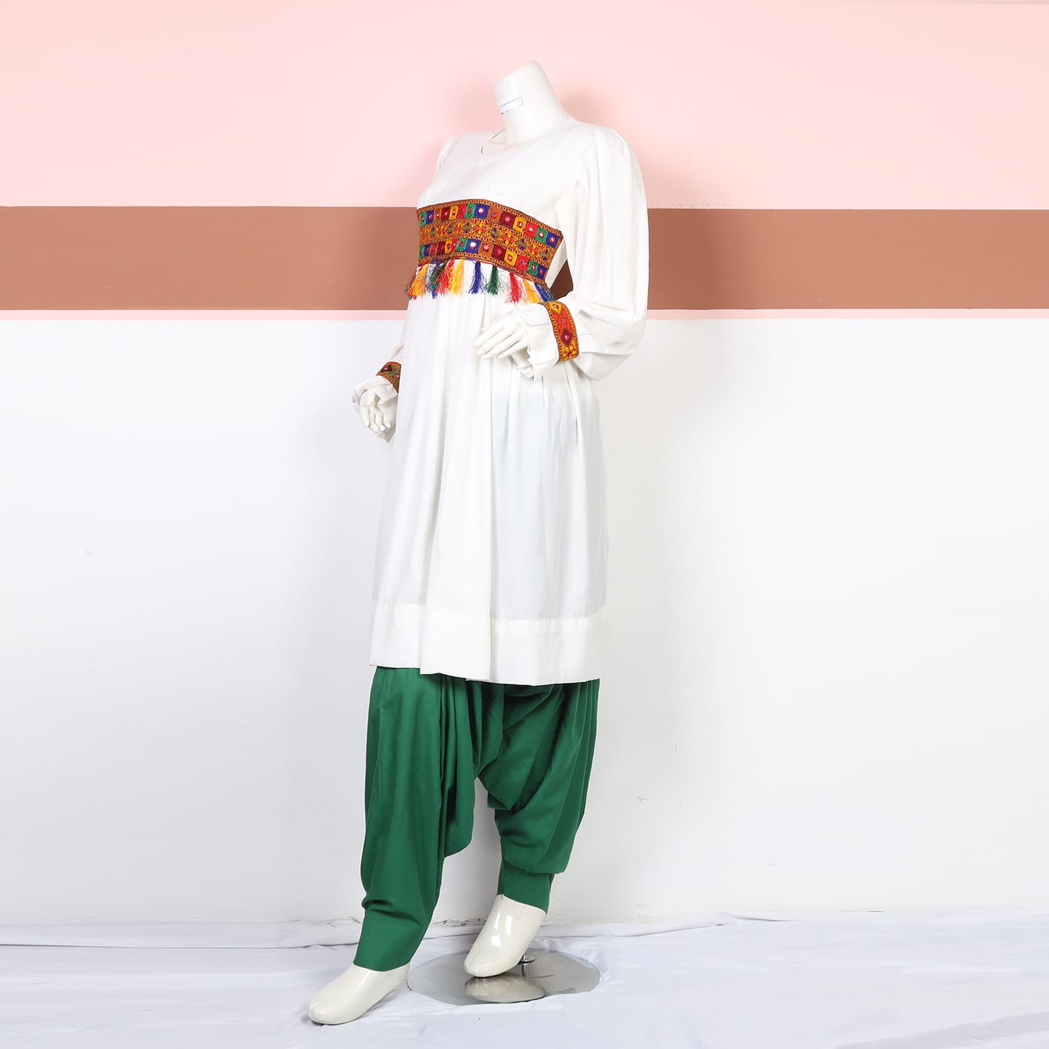 Zarmina White & Green Traditional Embroidered Dress