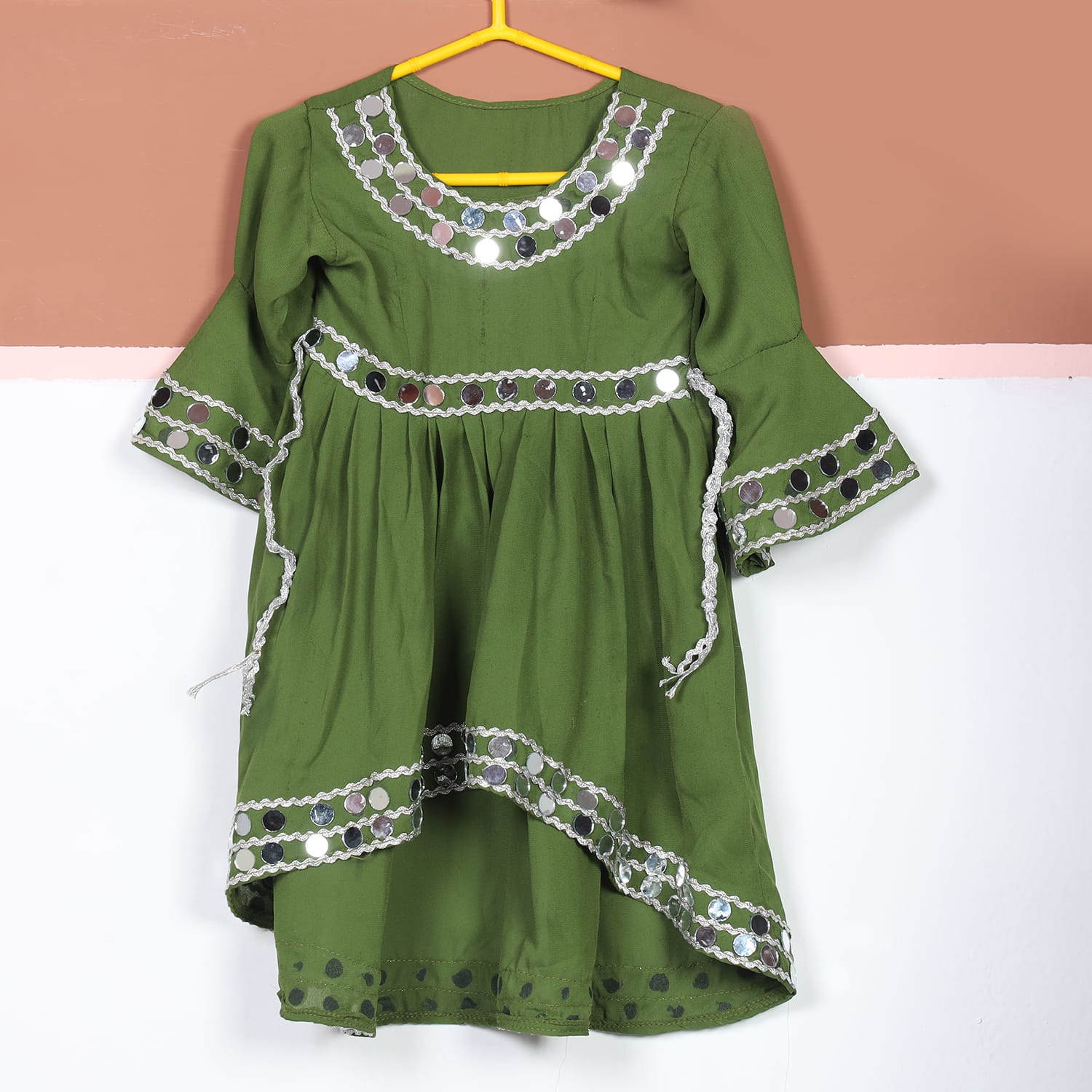 Zarina Olive Green Traditional Mirror Dress Kids