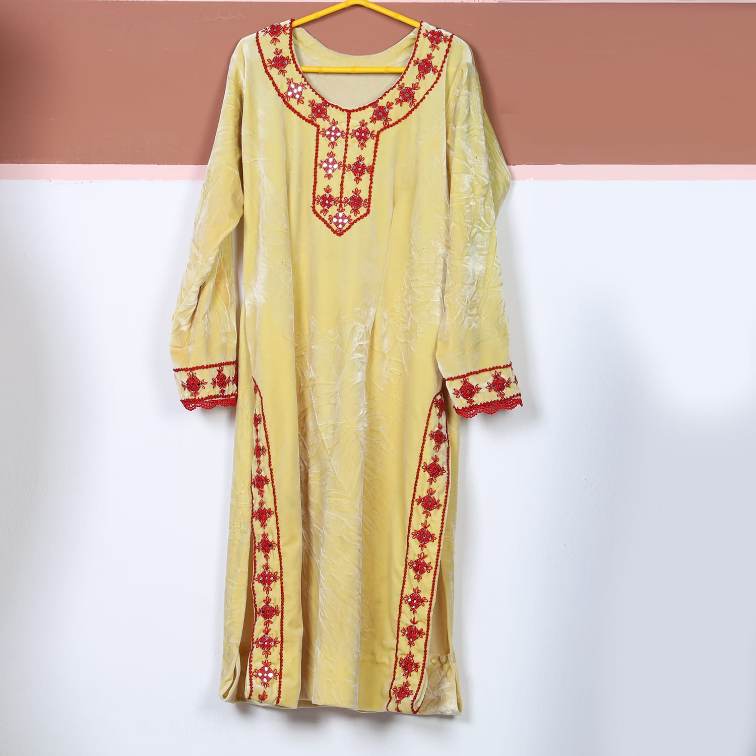 Lailah Golden Yellow Embroidered Velvet Dress | Aseel Lailah Golden Yellow Embroidered Velvet Dress | Aseel