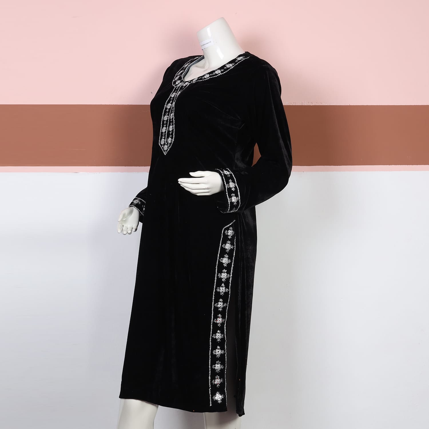 Classic Black Velvet Long Dress with White Embroidery