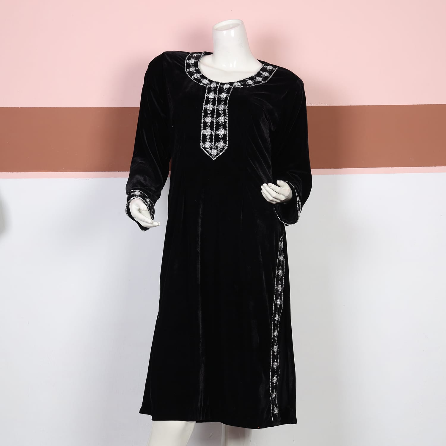Classic Black Velvet Long Dress with White Embroidery