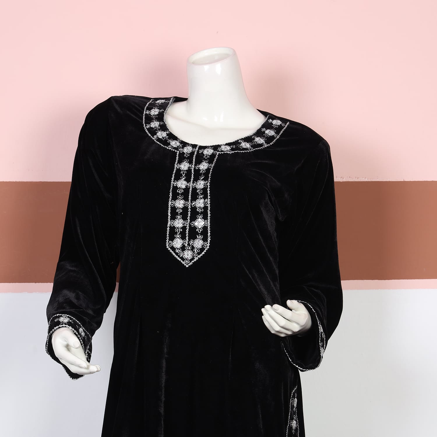 Classic Black Velvet Long Dress with White Embroidery