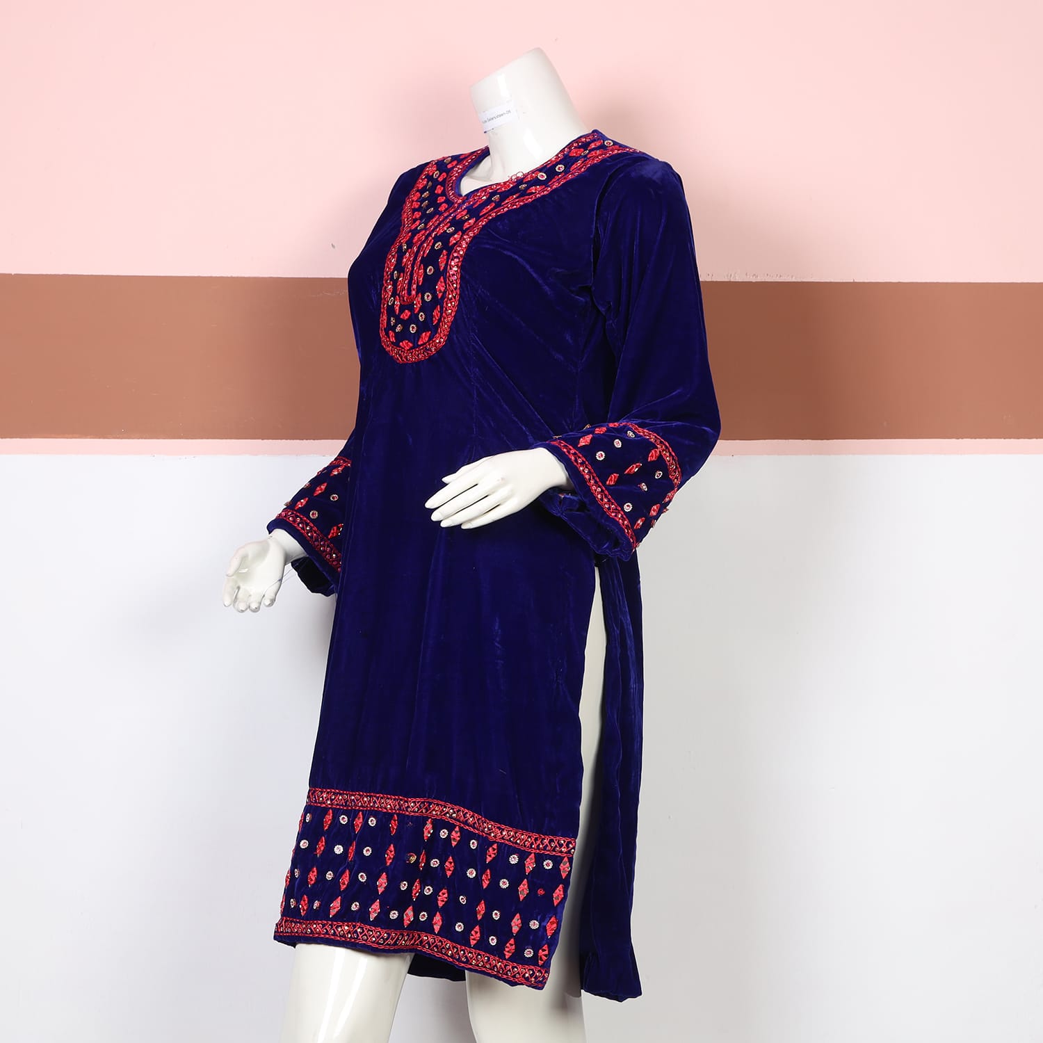 Royal Blue Velvet Dress with Red Tribal Embroidery